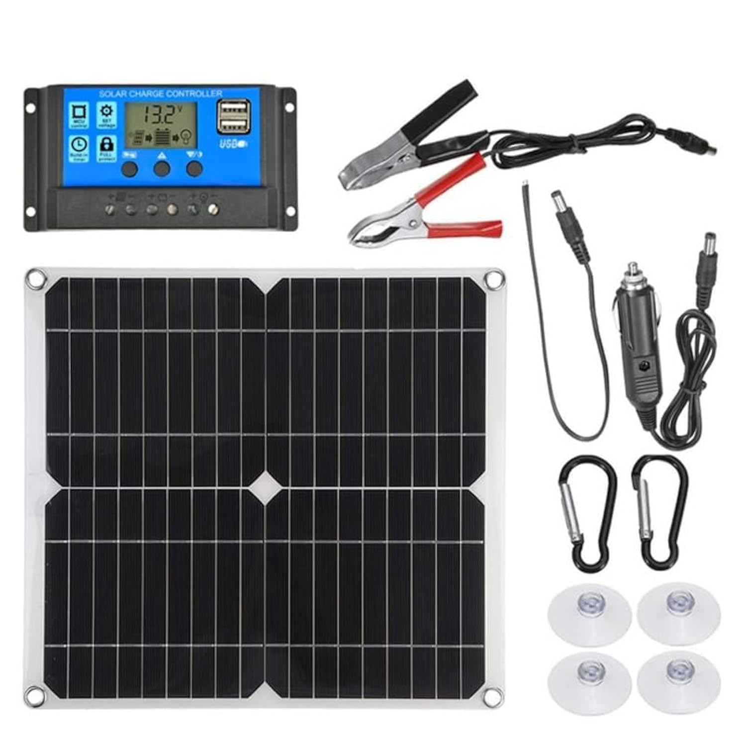 THE WHITE SHOP Panel Kit 25W 12V Monocrystalline with 10A Solar Charge Controller + Extension Cable with Battery Clips O-Ring Terminal for RV Marine Boat Off Grid System (Renewed)