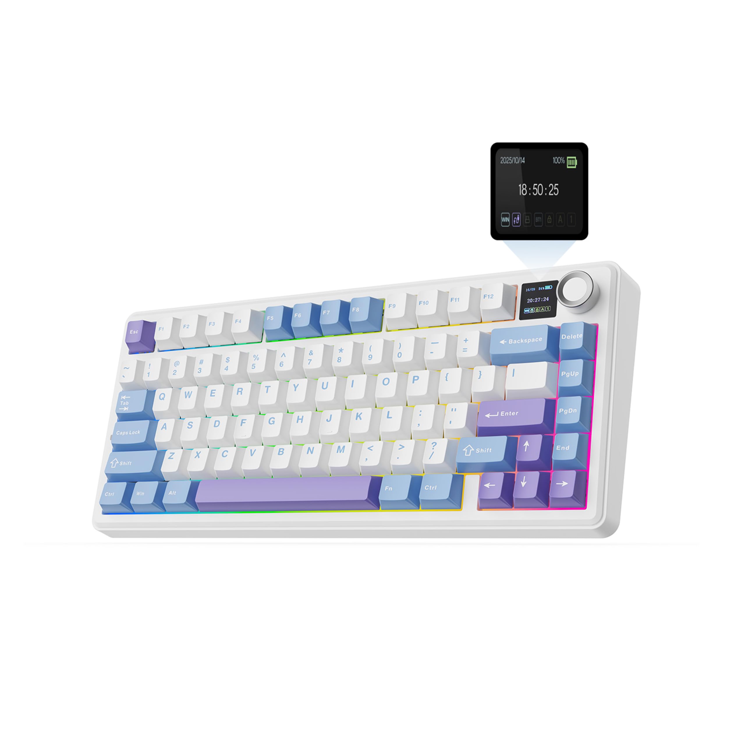 EPOMAKERX Aula F75 MAX Tri-Mode Wireless Gaming Keyboard, TFT Screen, Knob, Hot Swappable, 2.4GHz/Type-C/BT5.0, Gasket Creamy, for PC/Mac/Office/Gaming (White Purple, Reaper Switch)