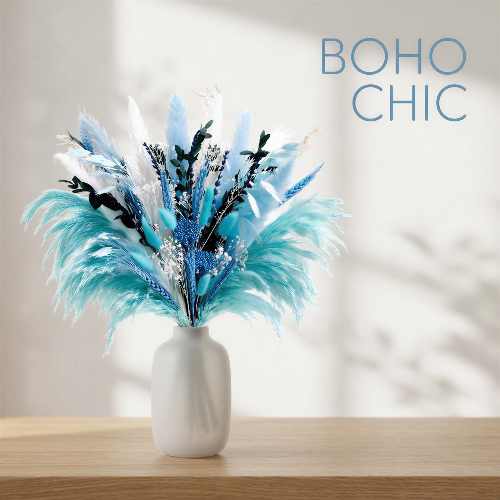 Blue Pampasgras Deko, 45 cm Trockenblumenstrauß aus Pampasgras mit gemischten weißen Blüten, Boho-Stil, natürliches Trockenblumen-Arrangement für Zuhause, Büro, Hochzeit und Landhaus-Tischdeko