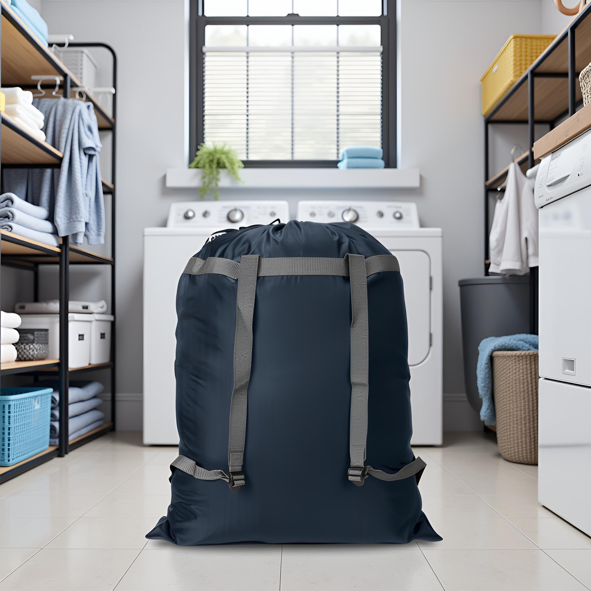 Extra großer Wäschesack-Rucksack, 68.6 x 86.4 cm, robuster und reißfester Polyester-Rucksack mit Kordelzug und Schultergurten, maschinenwaschbar, College, Wohnheim, Wäschesack, Marineblau | Extra großer, robuster, faltbarer Rucksack für Uni, Reisen, Wasch