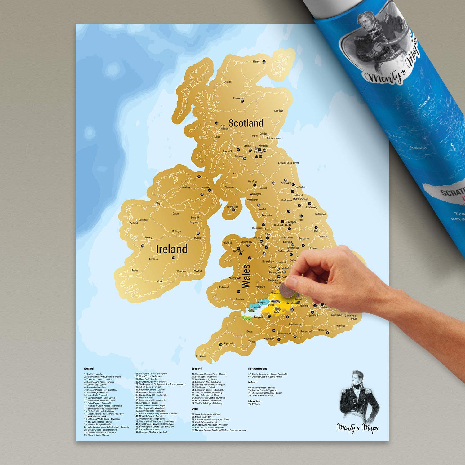 UK Scratch Map Monty's Maps Scratch Off UK Map with Landmarks, National Parks and Cities, Scratch Off Poster Wall Art (58cm x 80cm, gold)