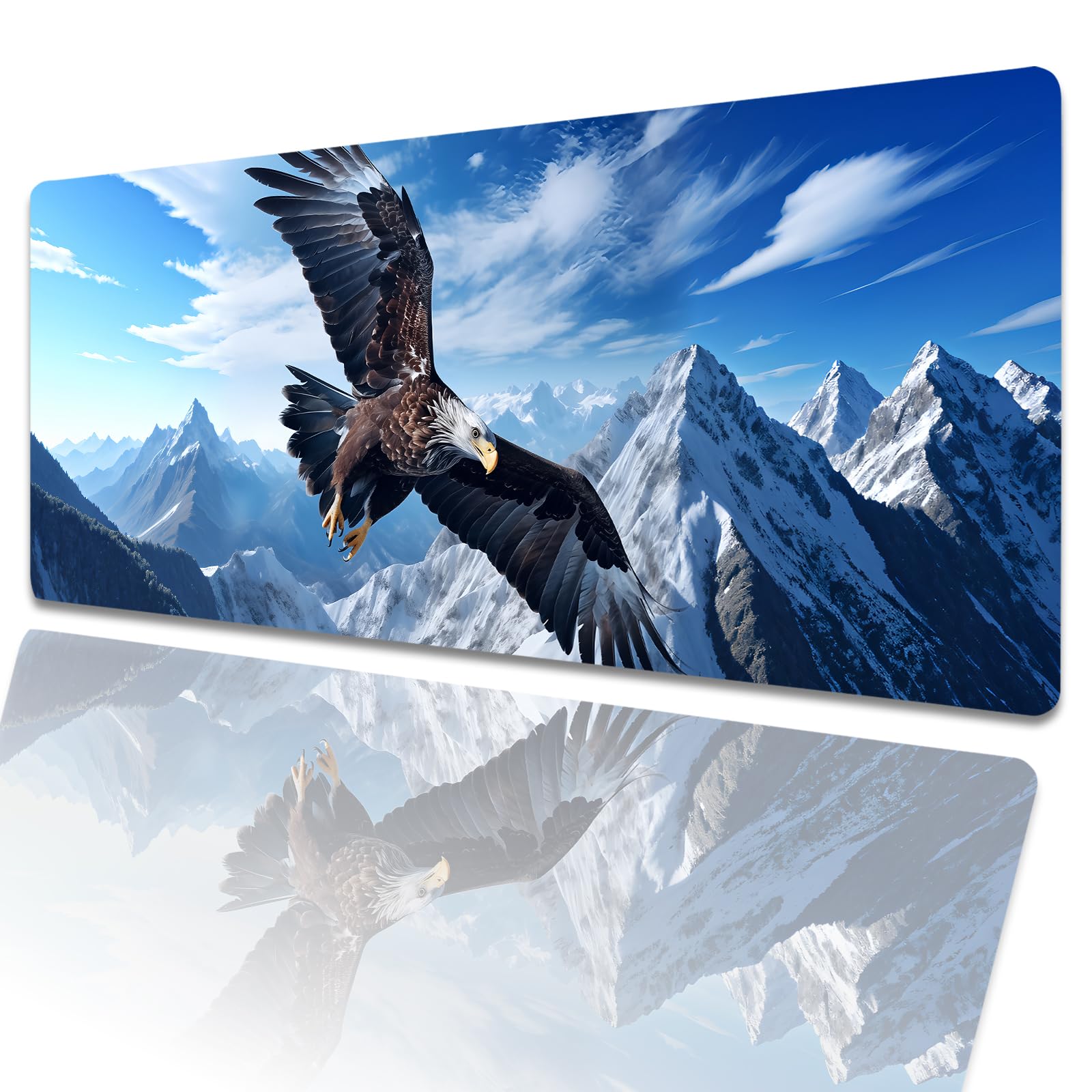 amepay Bald Eagle Gaming Mouse Pad 31.5x11.8in,Snow Mountain Large Extended Desk Mat with Non-Slip Rubber Base,Flying Bird Big Mousepad for Laptop