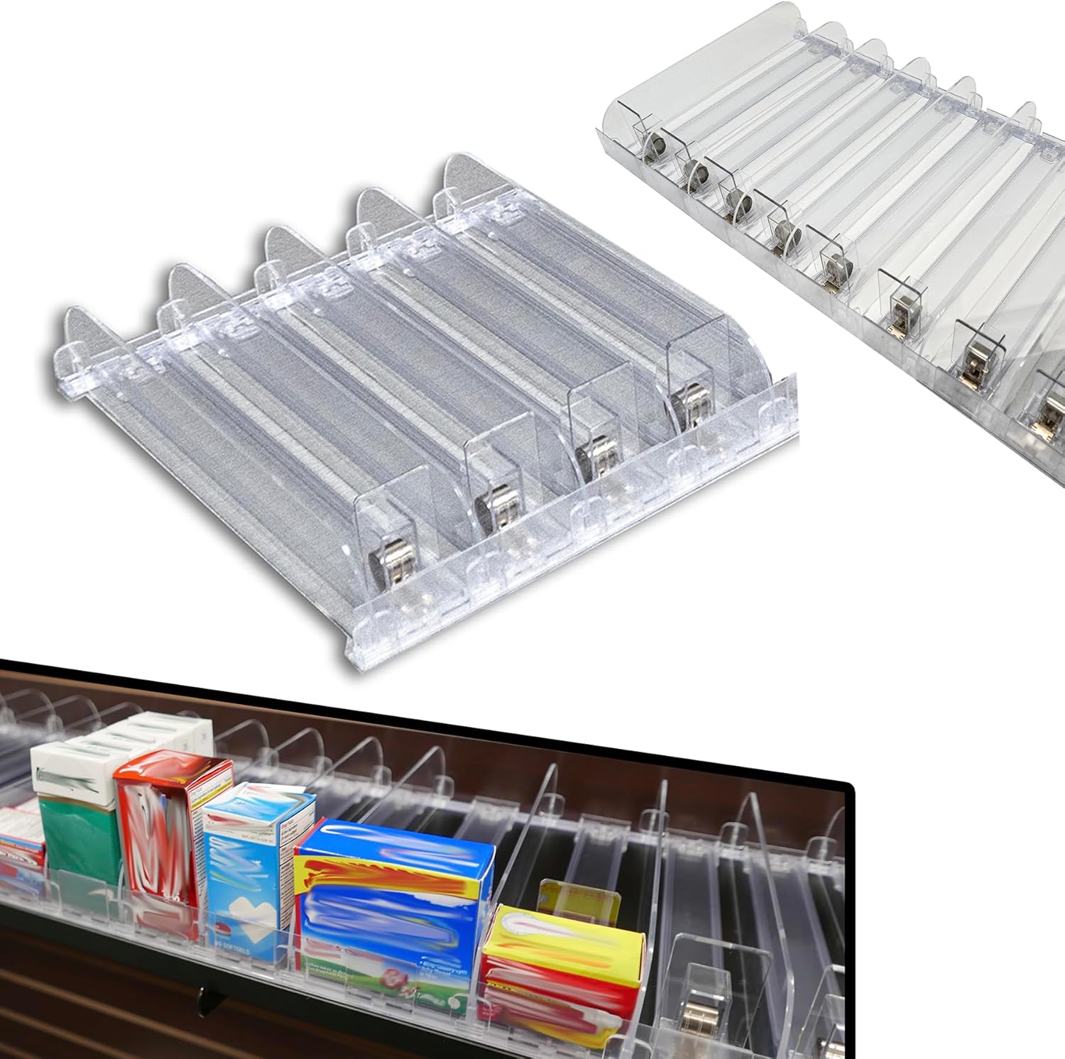 Auto Feed Shelf Product Pusher Kit, Adjustable Width Spring Loaded Merchandise Glider Pushing System, Kit for [5] 12" D x 24" L Shelves - [45 Shelf Pushers + 50 Dividers]