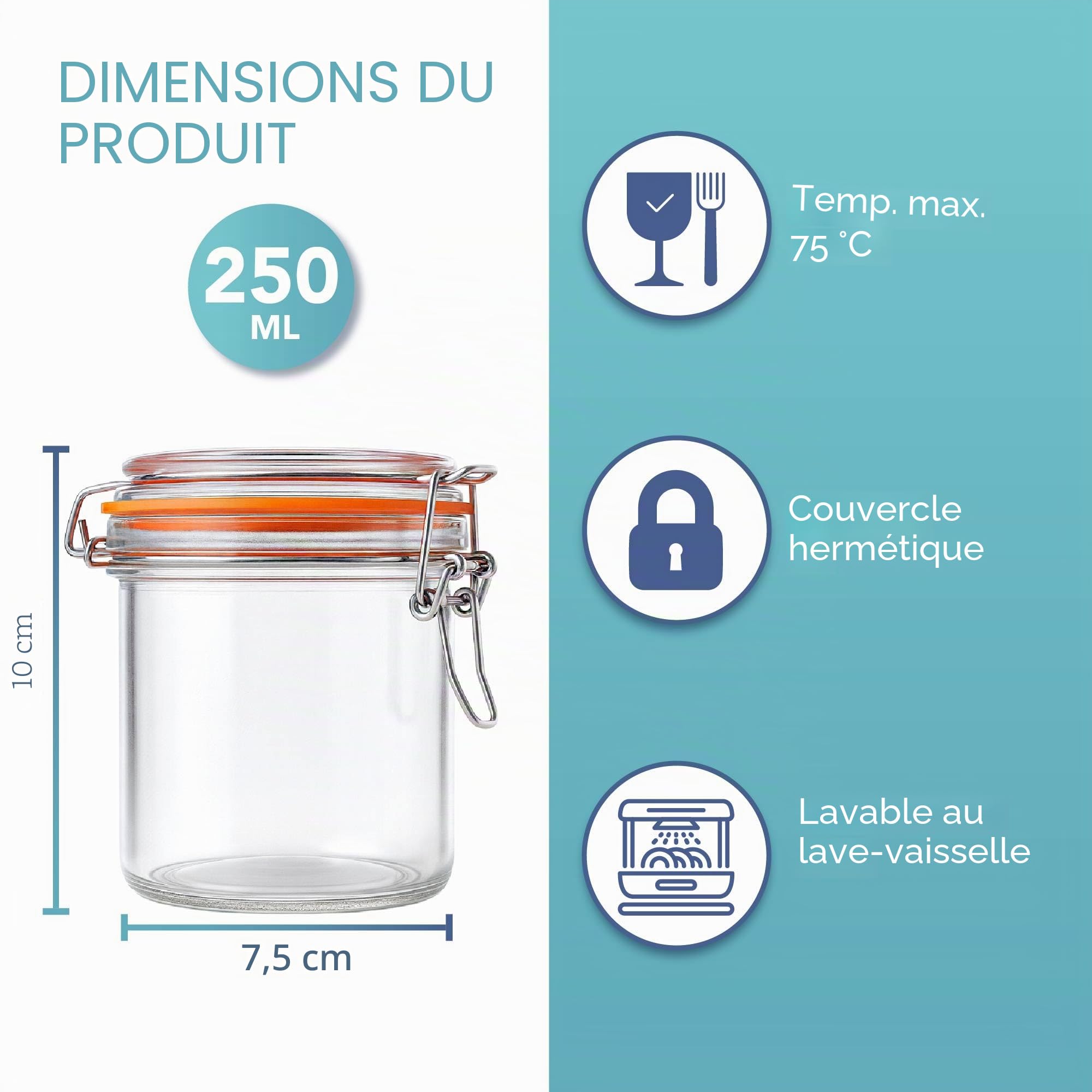 HEFTMAN Lot de 6 Bocaux en Verre Hermétiques avec Couvercles 250ml | Bocal Hermetique avec Joint en Silicone, pour Pâtes, Levain, Biscuits, Céréale, Confiture, Organisation de Cuisine