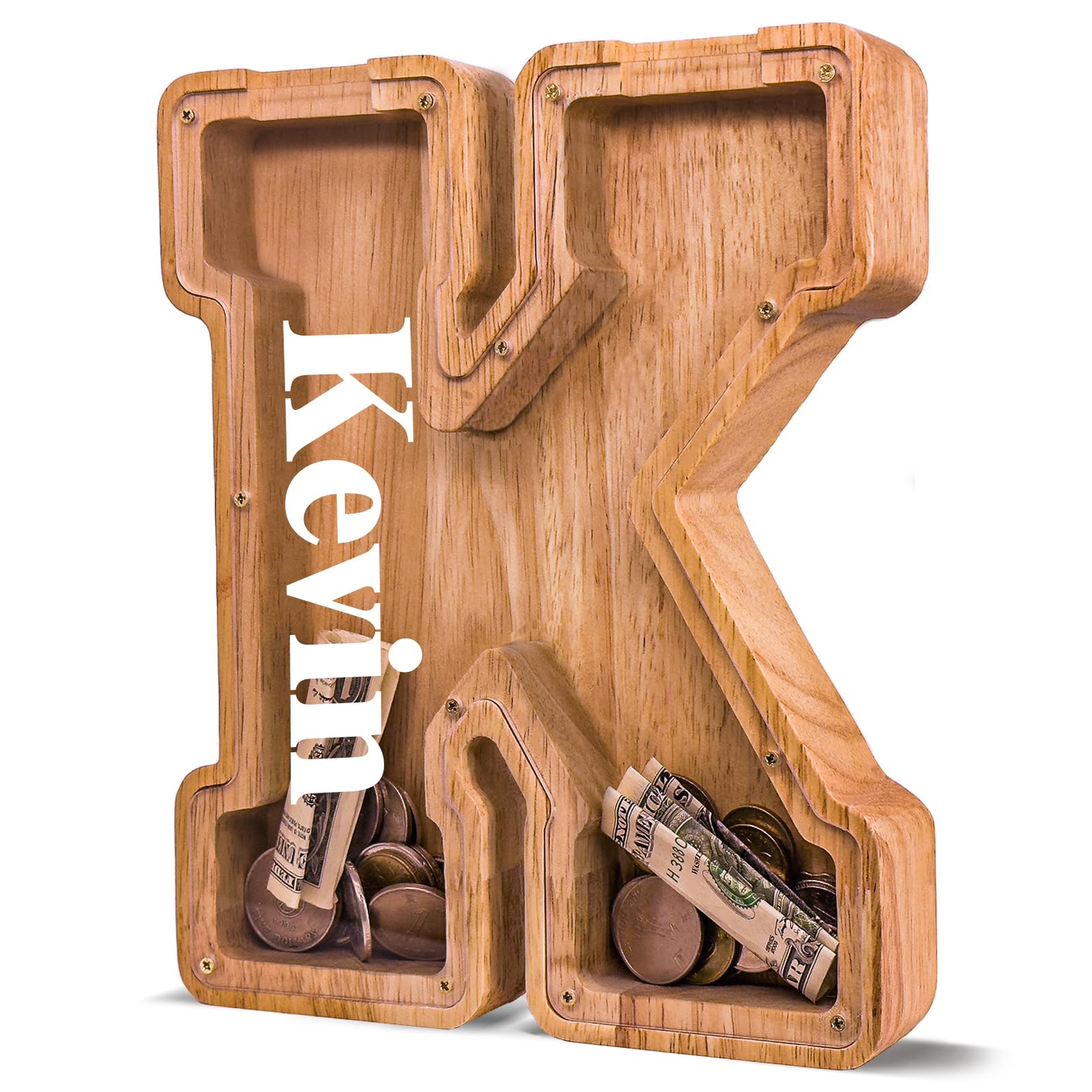 JOOMLAFLY Personalized Wooden Letter Piggy Bank for Kids Larger Letter Piggy Bank for Boys and Girls Initial Coin Bank Customized Piggy Bank Perfect Wood Kids Money Bank for Birthday and Festival