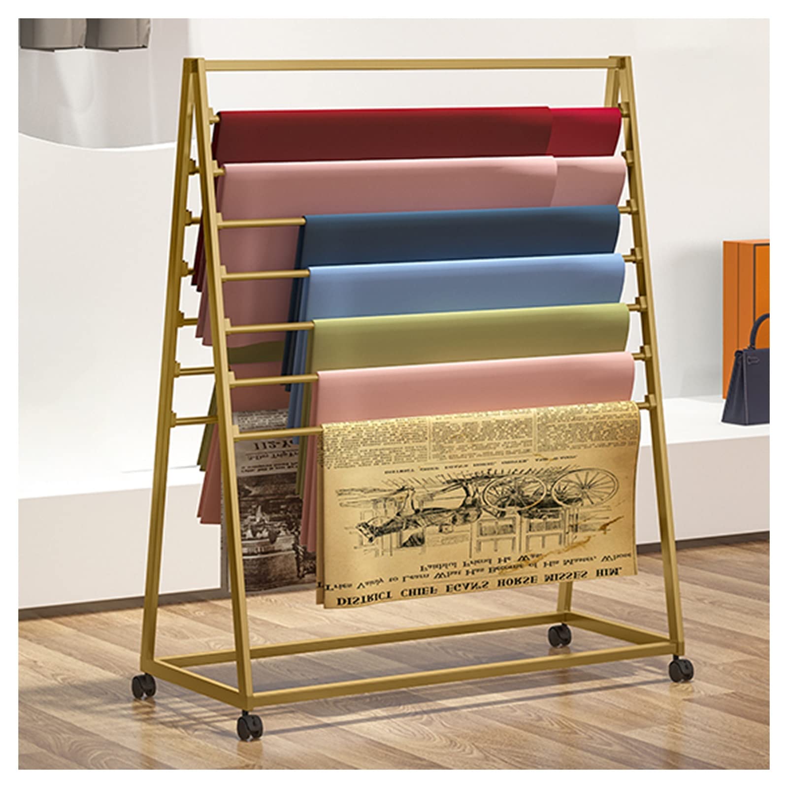 UWYTGF Gold Large Wrapping Papers Organizer Stand Rolling Pants Display Cart with Lockable Wheels,Craft Room Ribbons Rack Store Shawls Holder,120Cm/47.2
