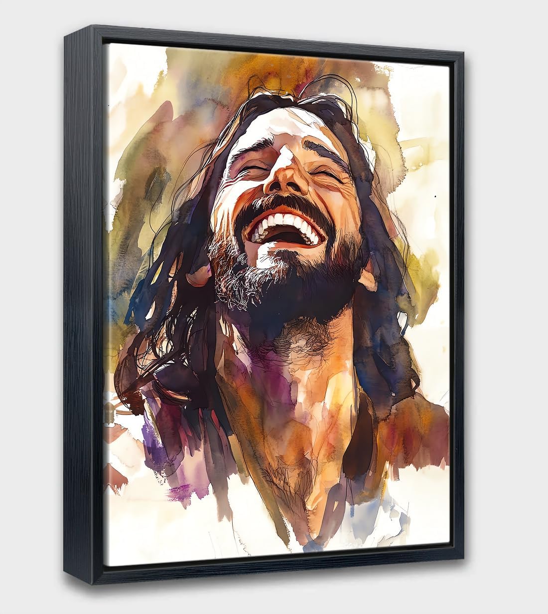 Aubeeba Jesus Wall Art Framed Laughing Jesus Poster Vintage Watercolor Canvas Pictures for Bedroom Christian Religious Wall Decor 12x16 inches