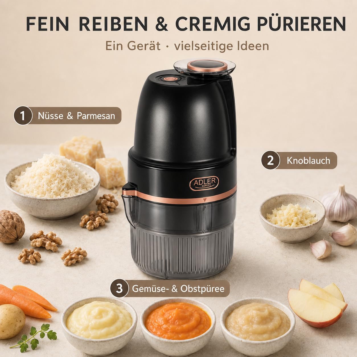 ADLER EUROPE Kompakt Elektrische Reibe 4-in-1 900ml - 4 Einsätze, 200W | Gemüse- und Obstreibe – für Kartoffeln, Zucchini, Obst und Nüsse, Pesto – Püree, Kartoffelpuffer – spülmaschinenfeste Teile