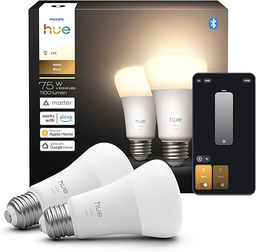 Philips Hue Smart LED A19 Bulb, Warm White Light 2700K, E26 Base, 10.5W, 1100 Lumens, Dimmable, Works with Alexa, Google Assistant, and Apple Home,