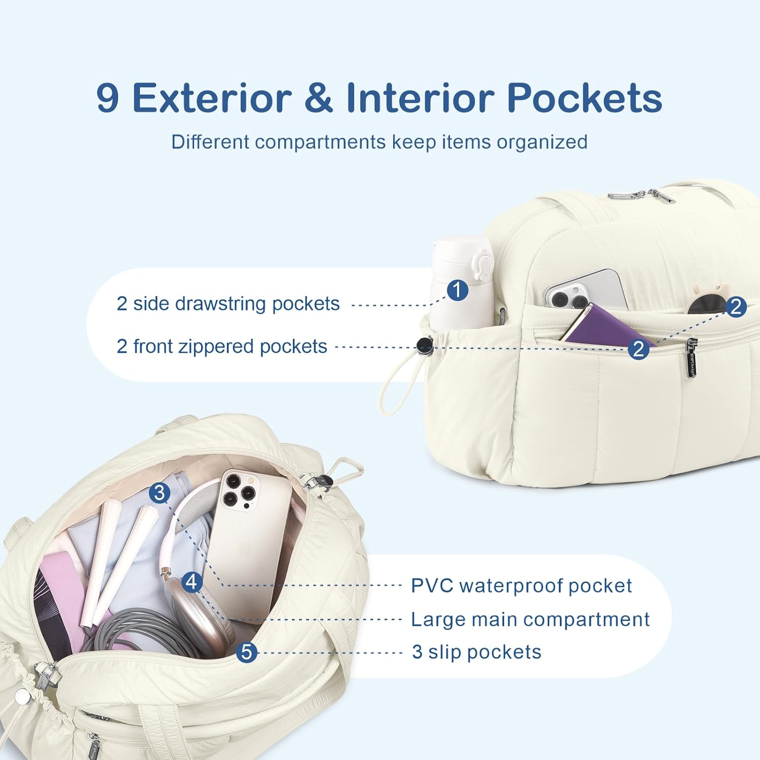 TOPDesign Travel Duffel Bag for Women, Puffer Gym Bag Sports Tote with Wet Pocket, Carry On Weekender with Luggage Sleeve (Ivory White) - Image 6