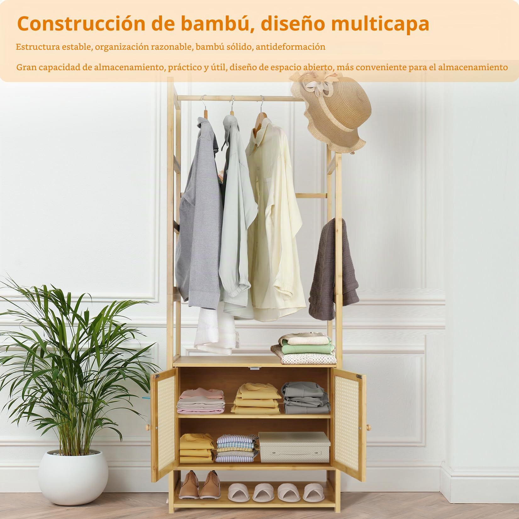 unho Perchero Burro de Bambú de Pie para Colgar Ropa con Armario Cerrado Almacenamiento para Dormitorio Entrada Recibidor pasillo, 52 x 31,5 x 168 cm
