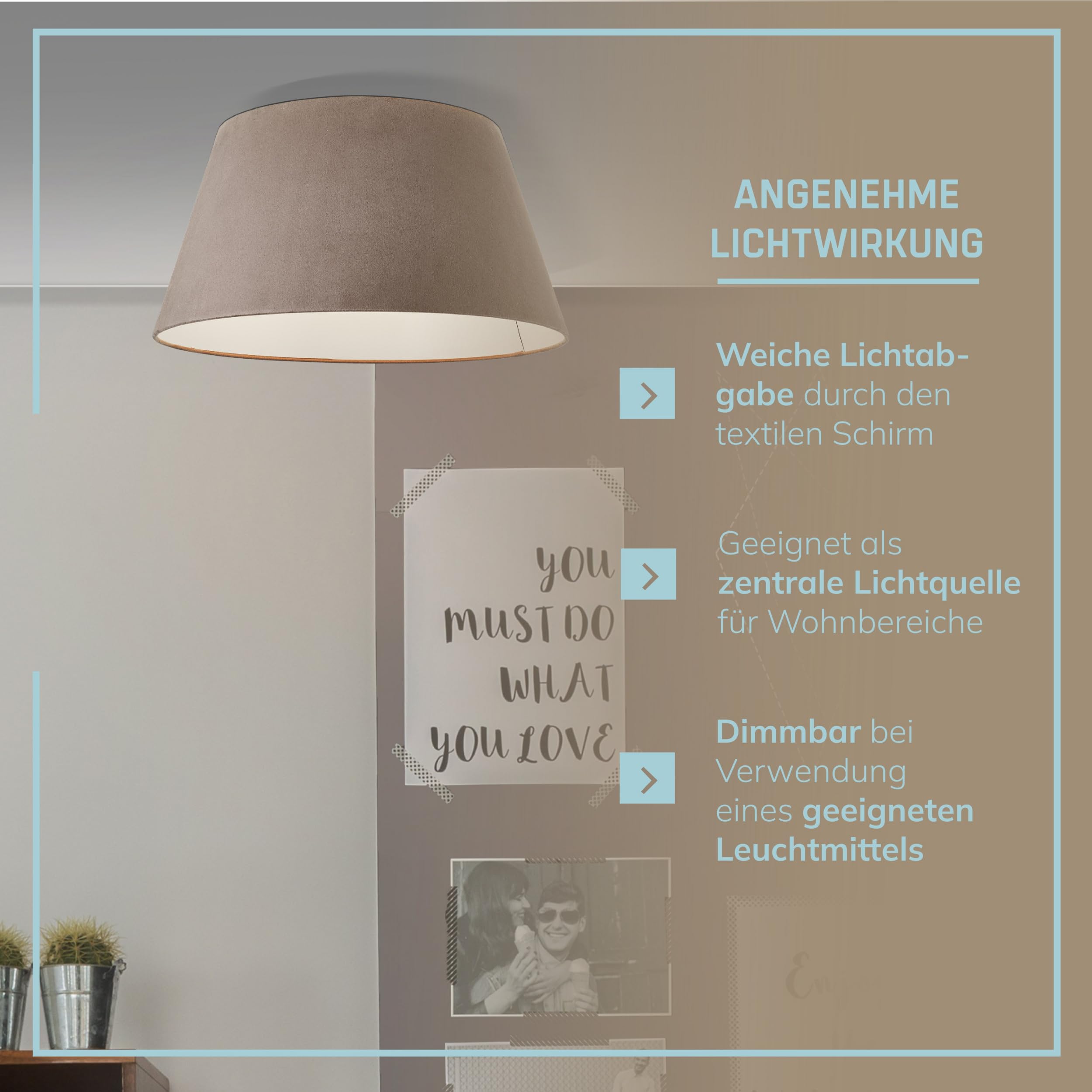 Lightbox Deckenlampe Ø 50 cm - Deckenleuchte mit dekorativem Stoffschirm - extern dimmbare Lampe für Schlafzimmer oder Essbereich - E27 Fassung exkl. LED
