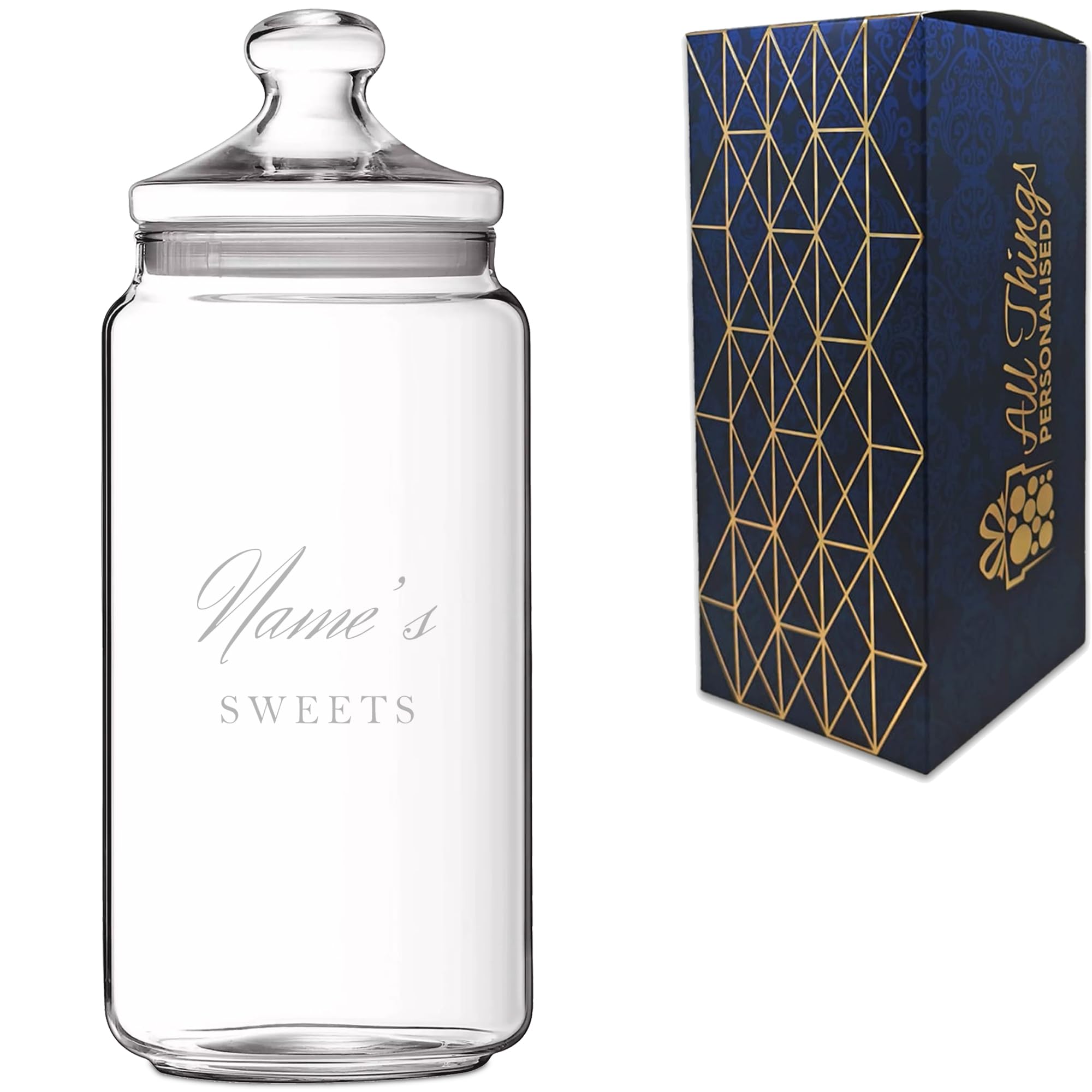 Personalised 1.5 Litre Glass Sweet Jar with Name's Sweets Design, Custom Laser Engraved Treat Jar with Lid, Personalised Gift for Birthdays, Christmas or Retirements, Gift Box Included