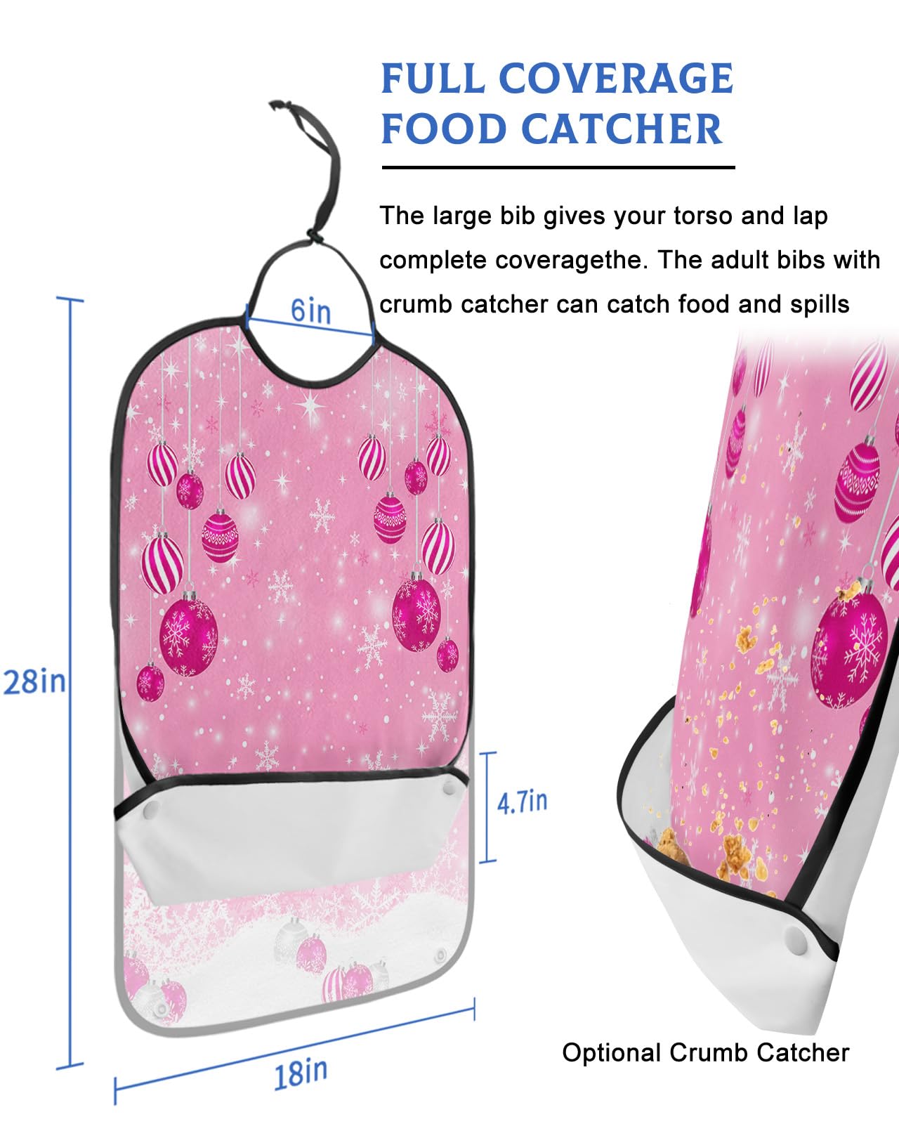 LEOKOTI Pink Christmas Balls Adult Bibs for Eating, Waterproof Bibs with Food Catcher & Adjustable Snap Closure, Xmas Winter Snowflake Washable Clothing Protectors Adult Bibs for Elderly Women/Men