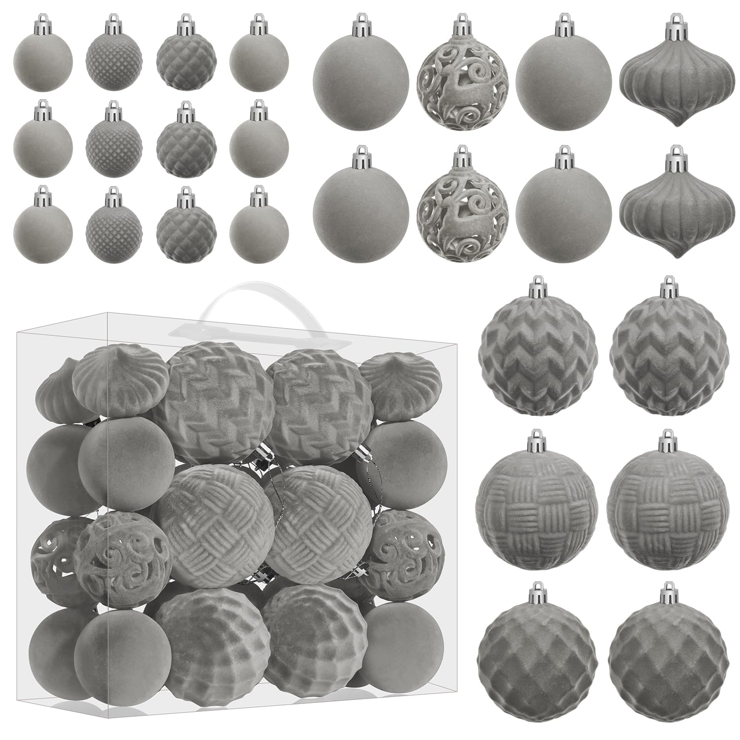 Artmag Samt-Weihnachtskugel-Set, 46 Stück, bruchsicher, beflockt, Kunststoff, verschiedene Größen für Weihnachtsfeiertage, Dekoration, Grau
