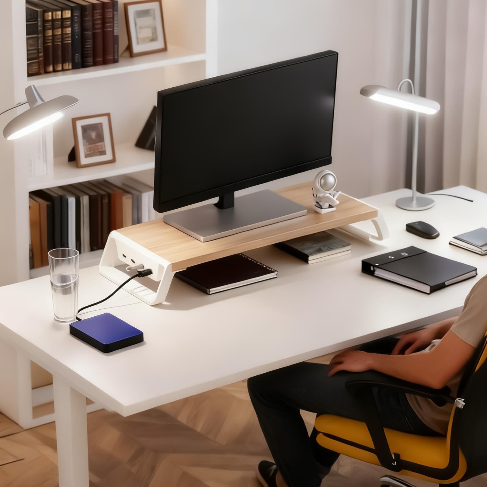 na stół Organizer na monitor | z 4 portami USB do biura | Drewniany organizer na monitor - do domowego biura szkoły mieszkania college akademika studio