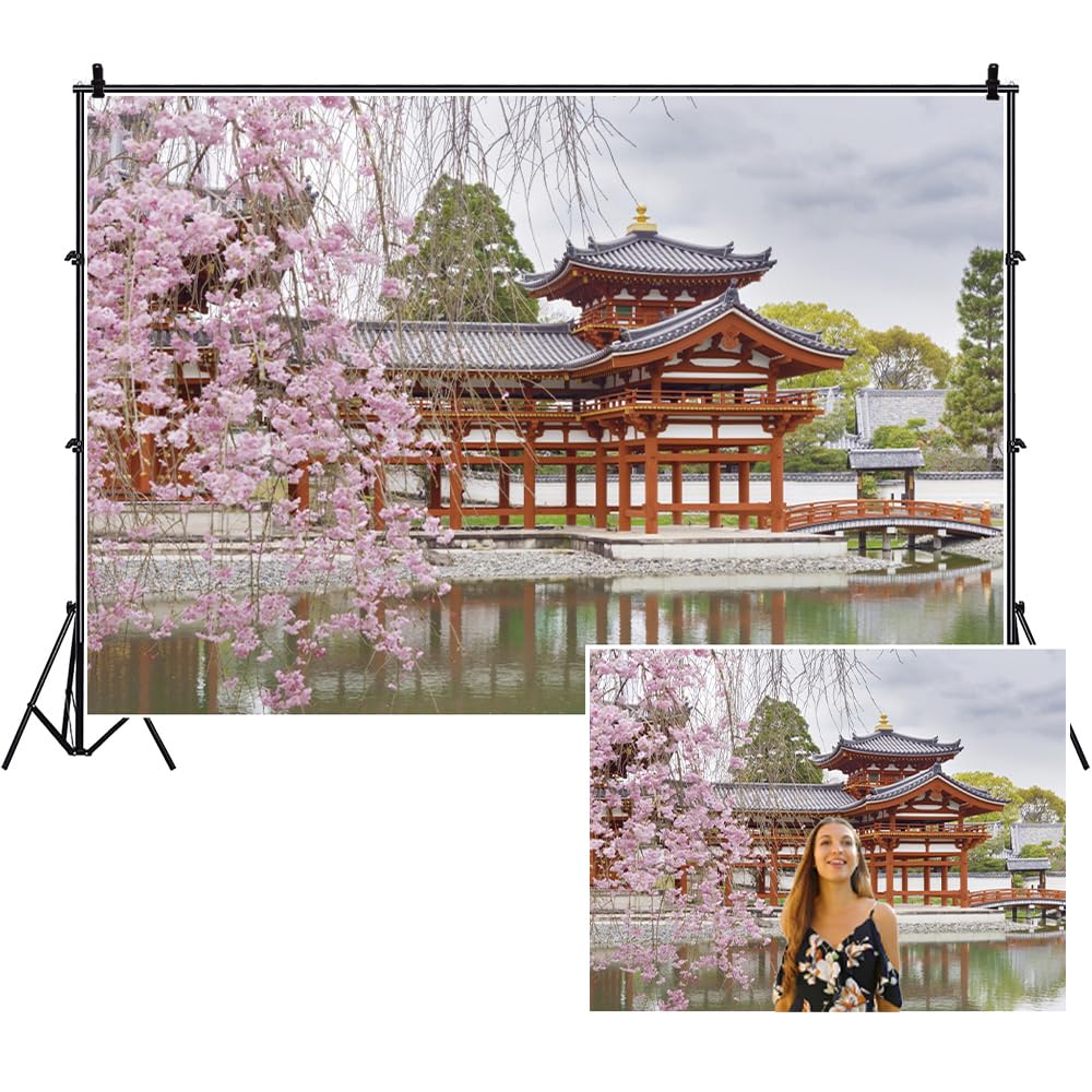 ZJRBJB 7x5ft Japan Scenery Photography Backdrop Red Temple Maple Trees Bridge Nature Backgrounds Asian Theme Party Decorations Japanese Photo Studio Props - View #3