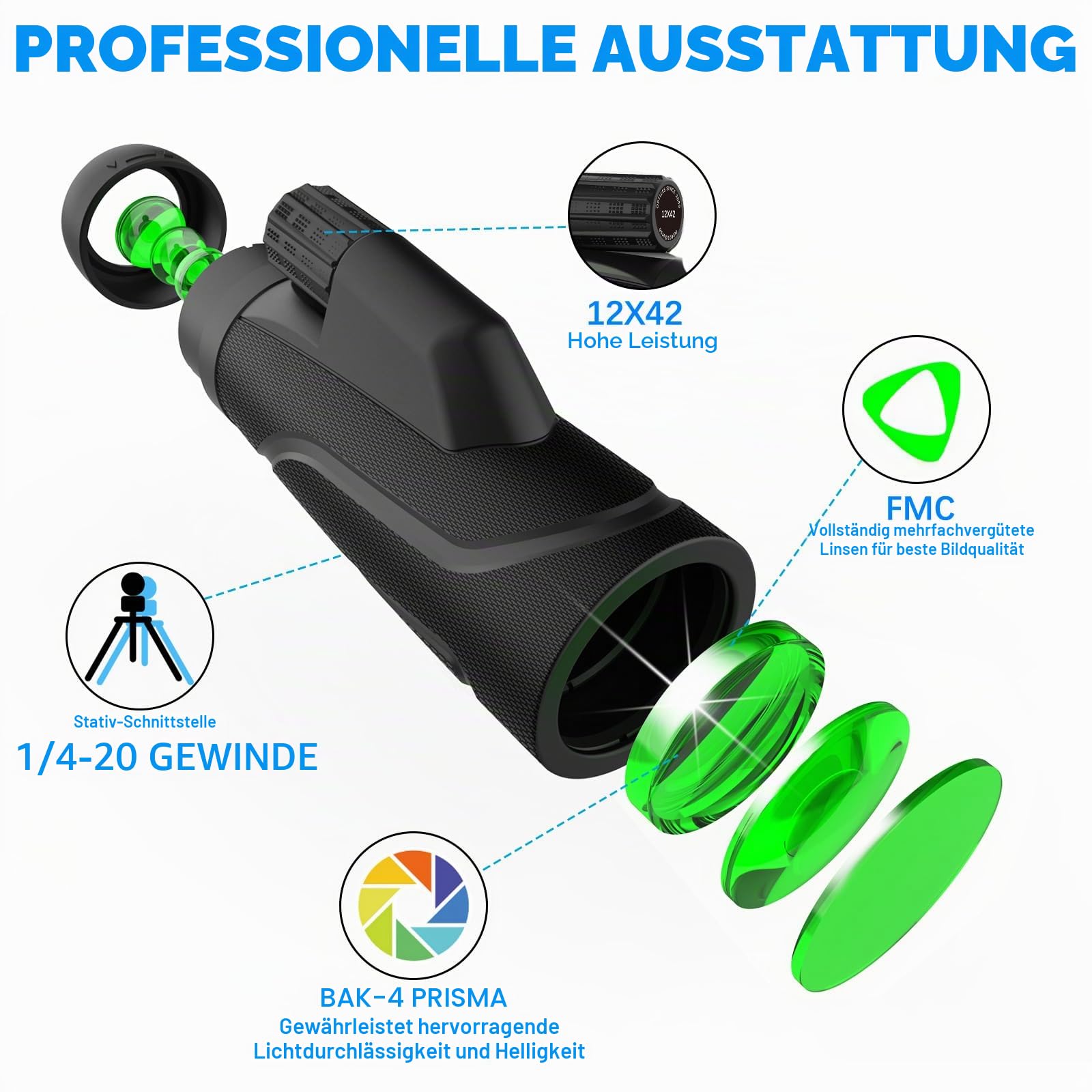 12x42 Zoom Fernrohr monokular, Mono fernglas Erwachsene, mit Smartphone Halter Stativ,für Wildtiere Vogelbeobachtung Wandern Jagd Camping,Ideal für Naturbeobachter (Schwarz)