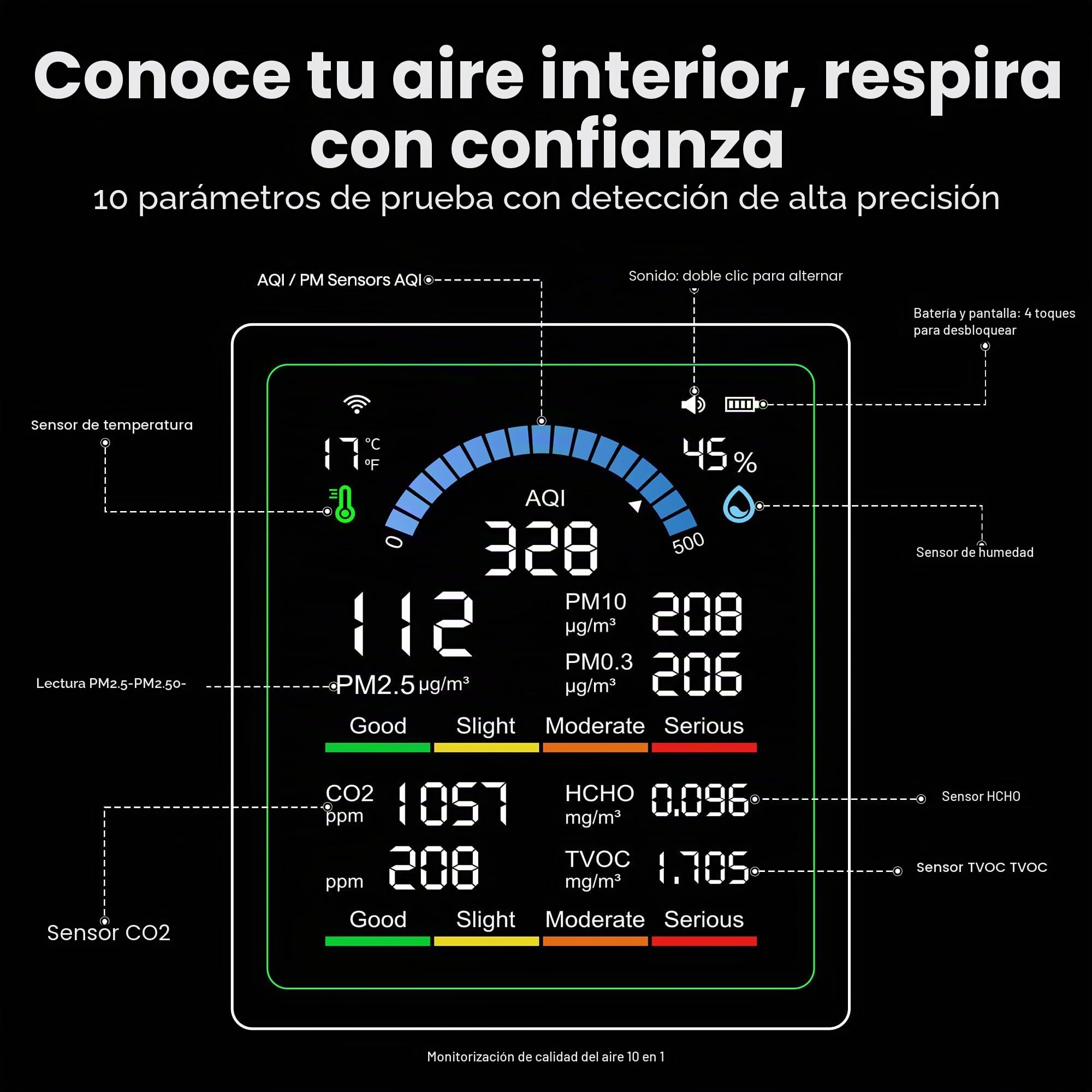 Monitor de Calidad del Aire Interior, 10 EN 1 probador Inteligente portátil detección CO2 | COVT | formaldehído | Temperatura | ICA | PM0,3-1 | Humedad, Ideal para el hogar, Coche, Animales Hotel
