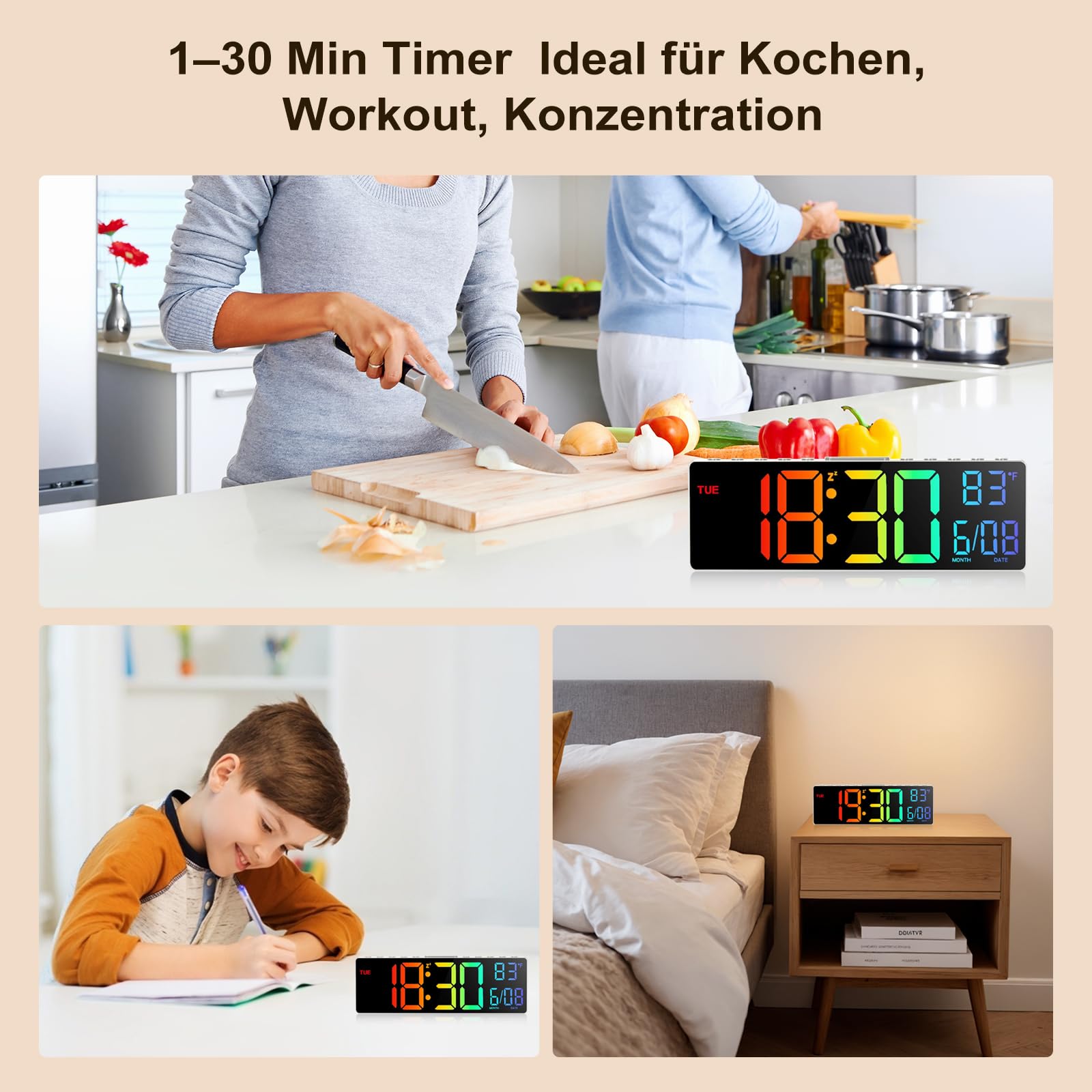 HUO JI Horloge murale et de table numérique de 10,5 pouces avec télécommande, changement de couleur RVB, réglage automatique de la luminosité, veilleuse, affichage de la température et de la date