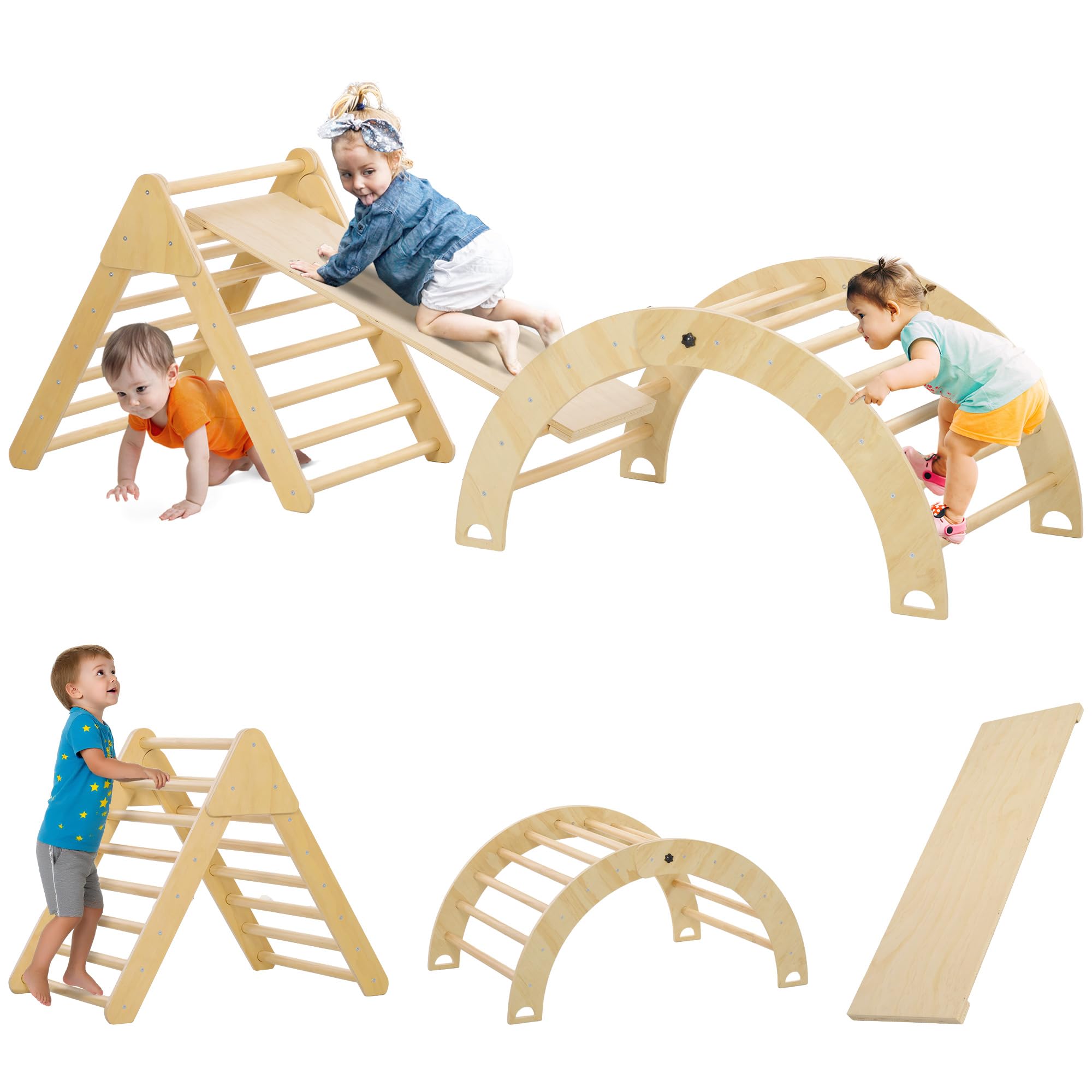 AIYAPLAY Triángulo de Escalada de Madera 4 en 1 Montessori Escalada para Niños de 18-48 Meses con Rampa Juego de Escalada de Arco para Deslizarse o Trepar 219x72,5 cm Natural