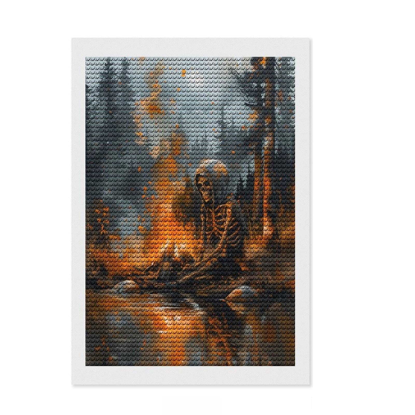 Junmoney Skeleton by The Fire Round Drill Diamond Painting 8"x12", Calming Craft to Unwind, Printed Canvas, Cosy Home Accent, Festive Craft Gift