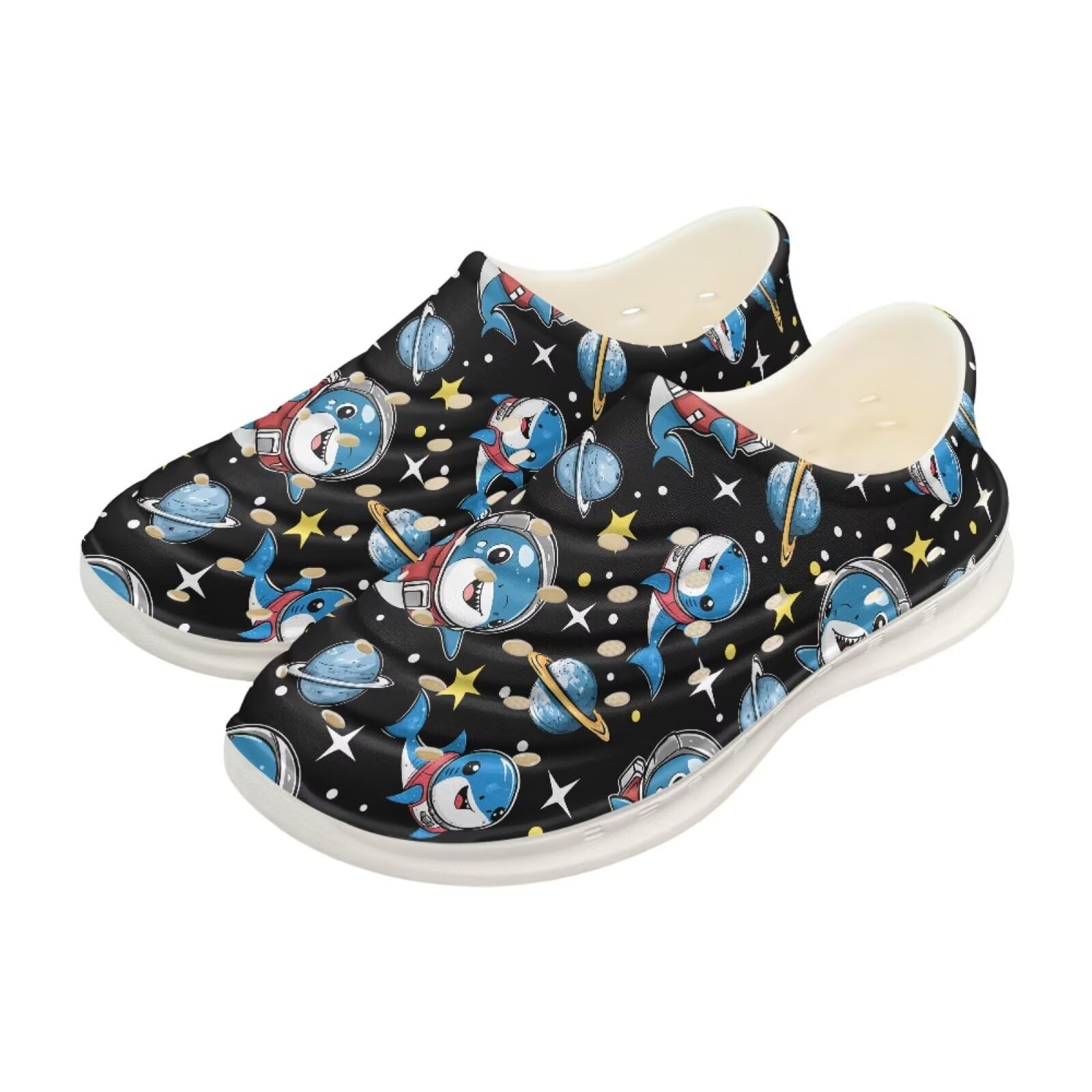 Watdotory Cute Shark Astronaut Print Slides for Kids Shower Slippers Bathroom Pool Sandals Boys Girls Comfy EVA Sole Summer Non-Slip Beach Shoes