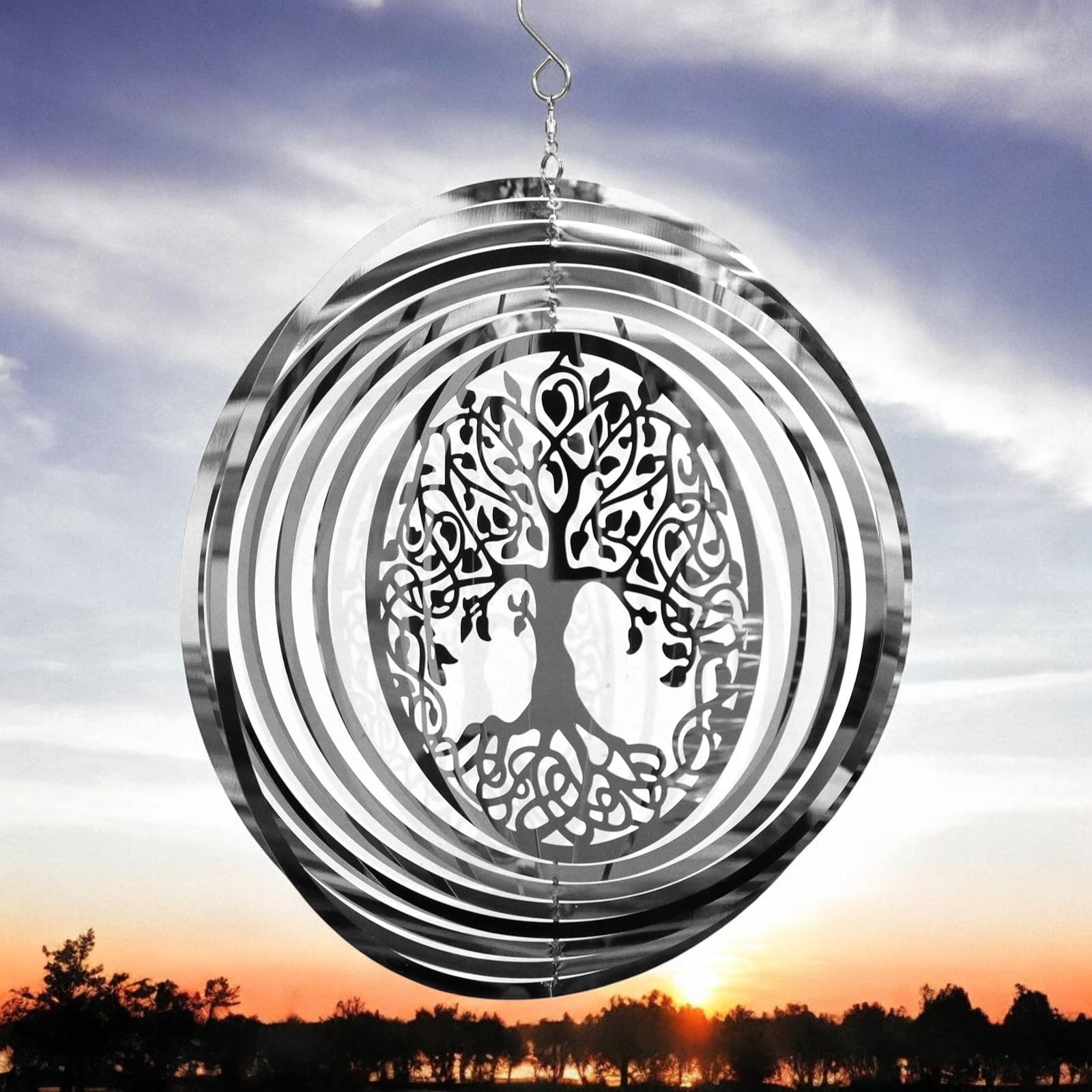 Tree of Life Stainless Steel Hanging Wind Spinner – 34cm x 25cm | 3D Metal Kinetic Garden Ornament & Outdoor Wind Sculpture
