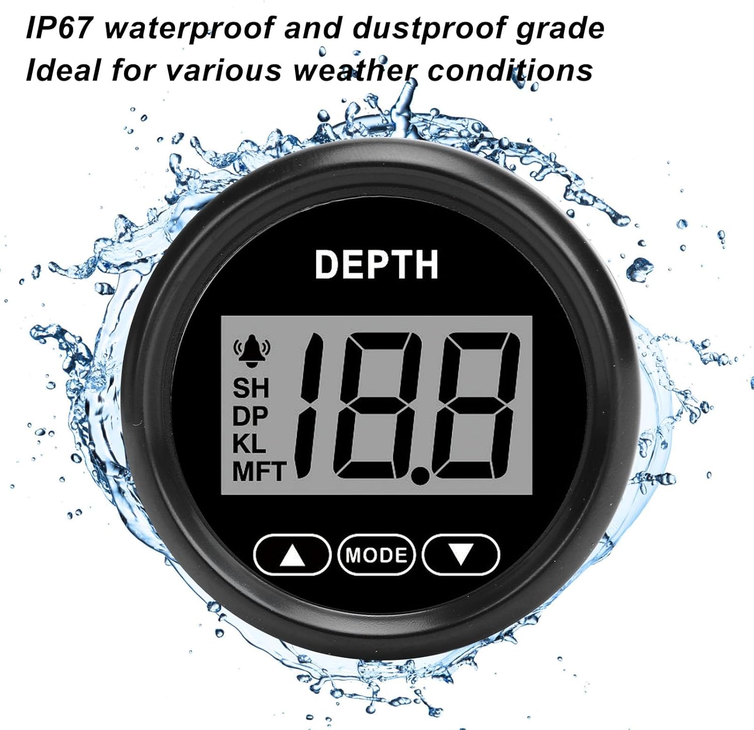 Boat Depth Gauge LCD Digital Display 52mm 12V 328.08ft Depth Alarm Indicator Yachts Fishing Vessels (81000245 Black Dial Black Bezel)