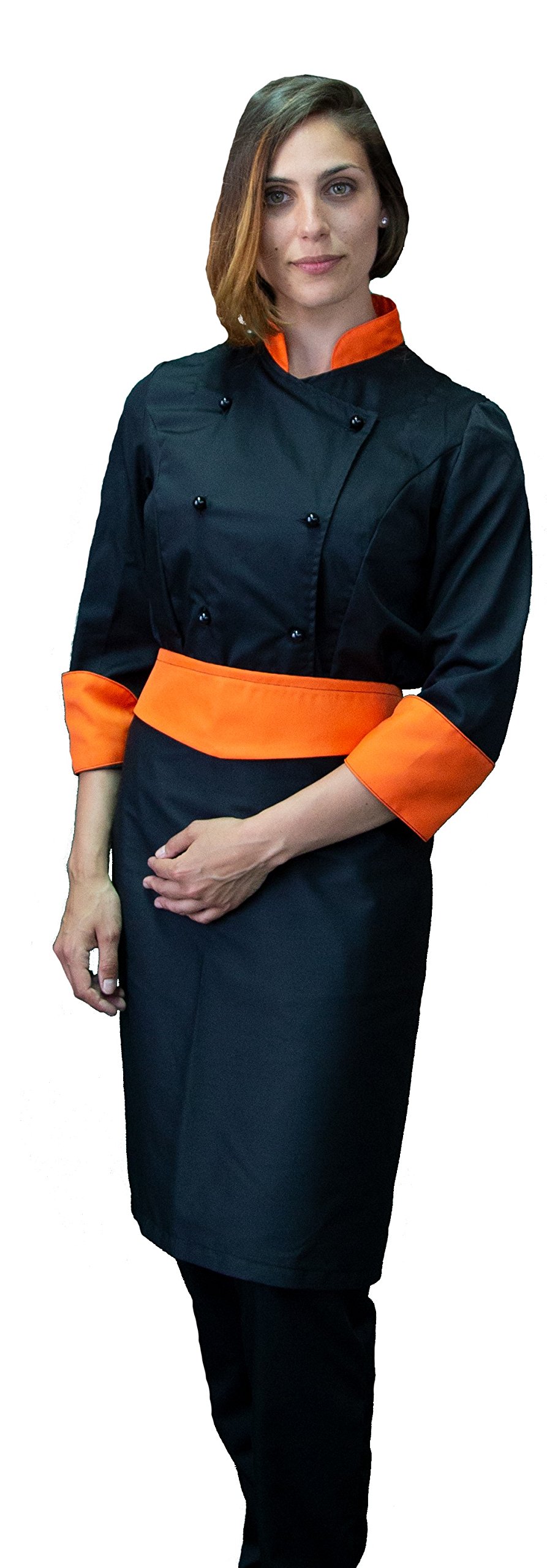 RICAMO GRATUITO - Divisa Cuoco Donna - Nera e Arancione - Giacca, Pantalone e Grembiule - Completo per Cucina e Ristorante - Made in Italy