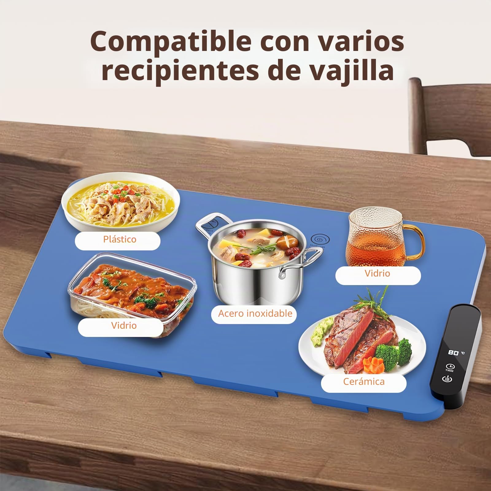Bandeja de Calentamiento Eléctrico, Bandeja Calienta Platos con 5 Temperaturas Planas para Alimentos 40 °C a 100 °C, Regulables, para Fiestas, Buffets Fiestas, Viajes (Azul)