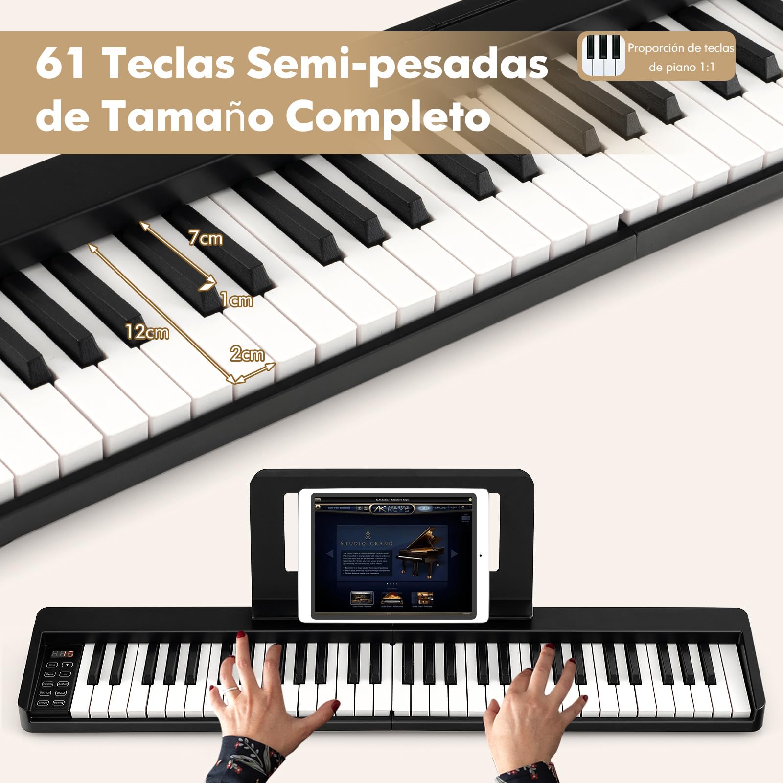 COSTWAY Teclado de Piano Plegable de 61 Teclas, Piano Eléctrico Portátil con Teclas de Tamaño Completo, Atril, Pedal de Sustain, MIDI, Bolsa para Piano, para Adolescentes y Adultos
