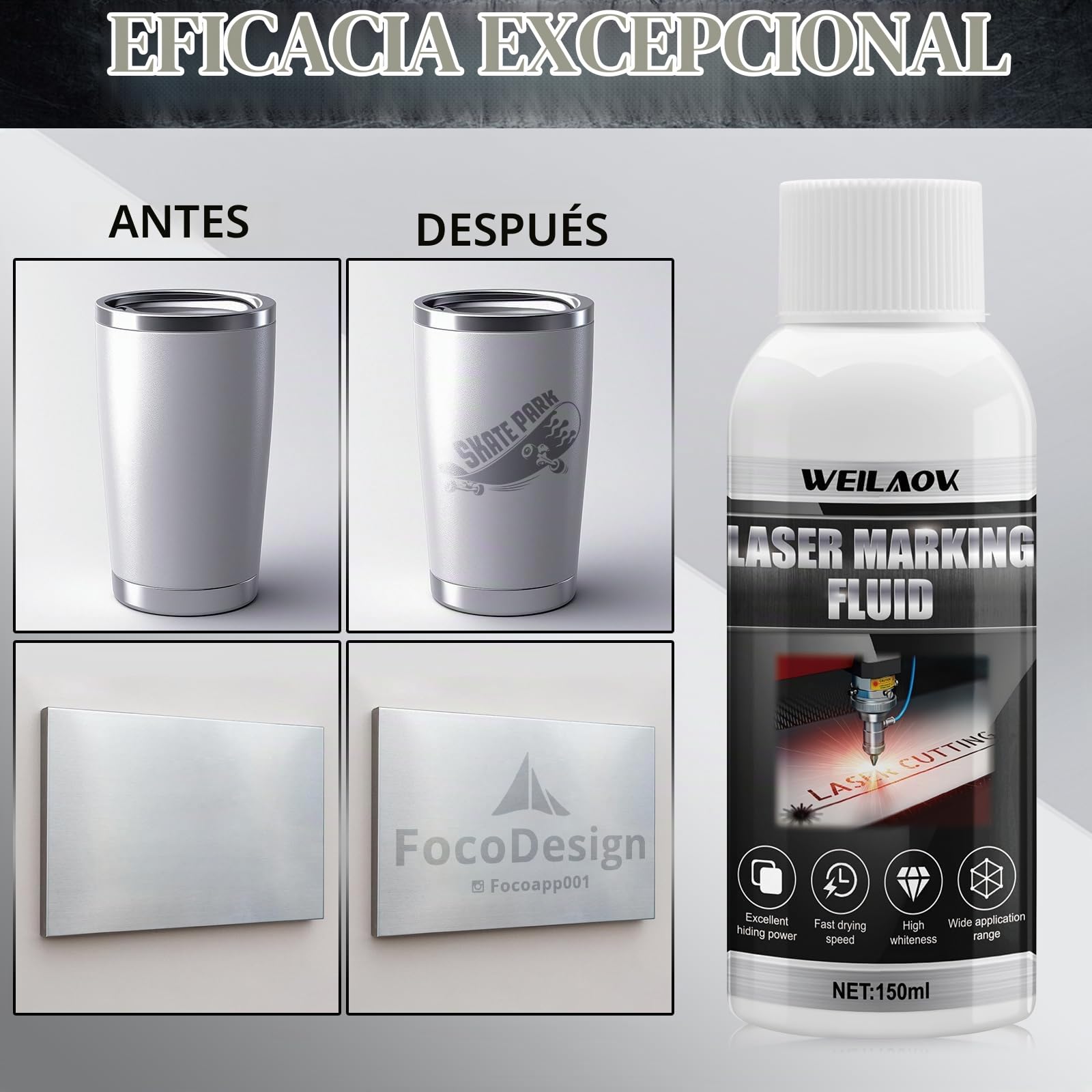 Fluido per Marcatura Laser, Polvo de Marcado Láser, Fluido para Marcado Láser de Metales, Secado Rápido, Apto para Grabado Láser, Metal, Joyería, Vidrio, Aluminio y Acero Inoxidable, 150ml