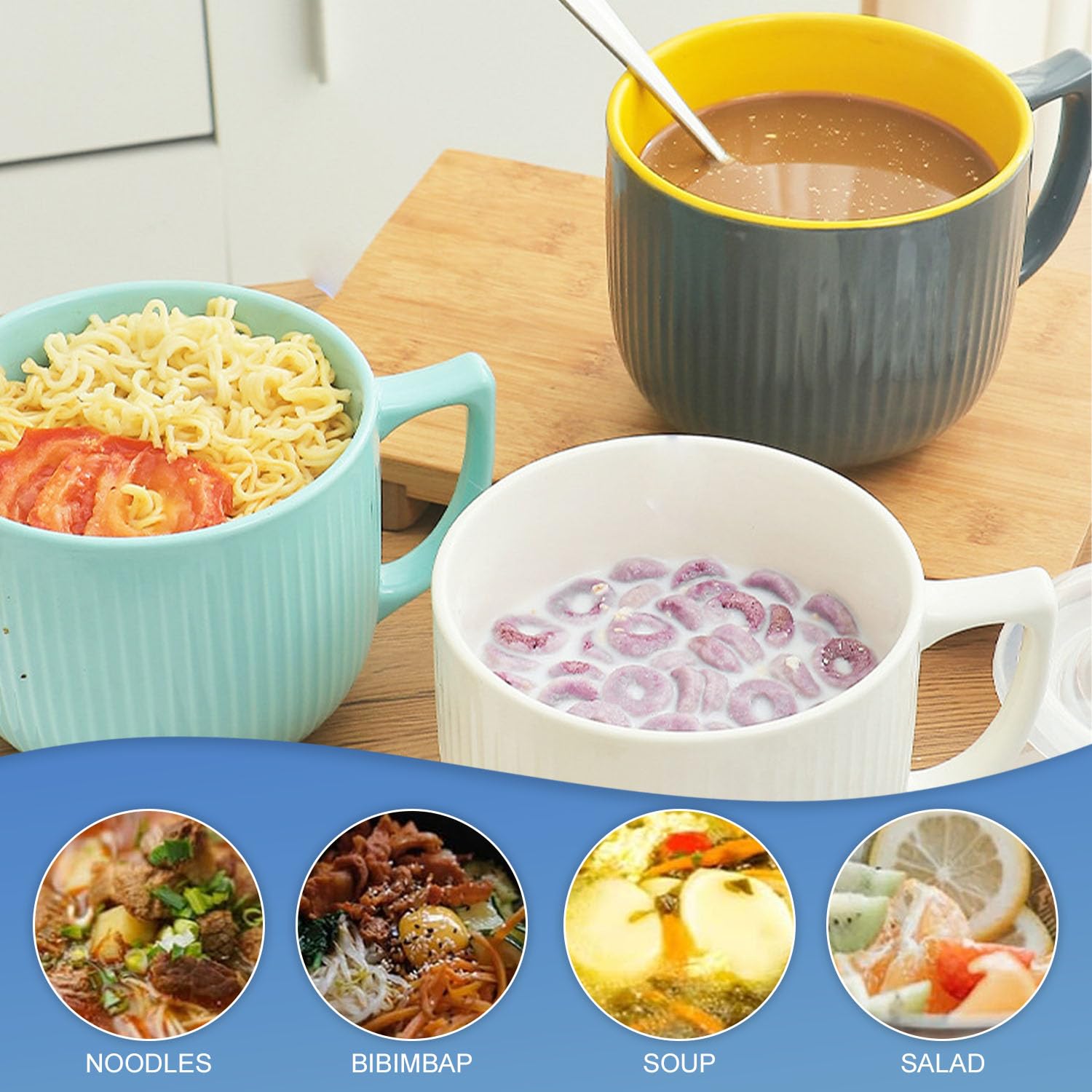 900ML Keramik Suppenschüssel Mit Henkel,Ramen Schüssel Mit Deckel,Müslischale Geeignet für Mikrowellen Sterilisatoren,Groß Kaffeetasse/Ramen/XXL Tasse für Heißgetränke(Dunkelgrau)