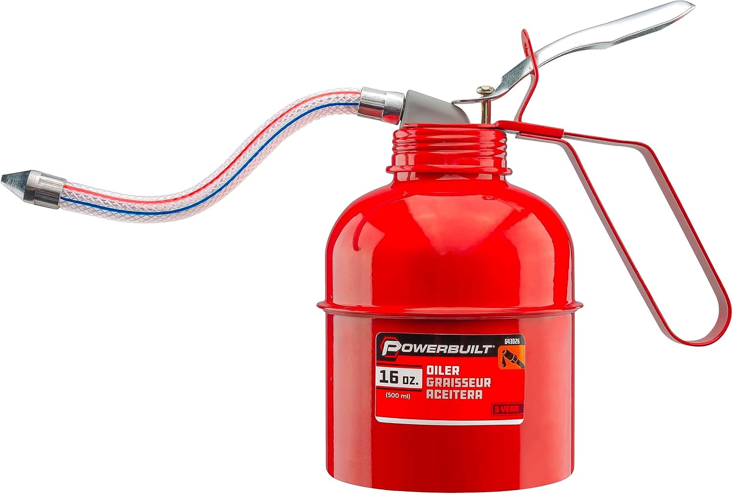 Powerbuilt Oil Lubrication Can 1 Pint Capacity, Thumb Lever Pump Handle, Flexible Hose Spout, Car, Machinery - Red 643026