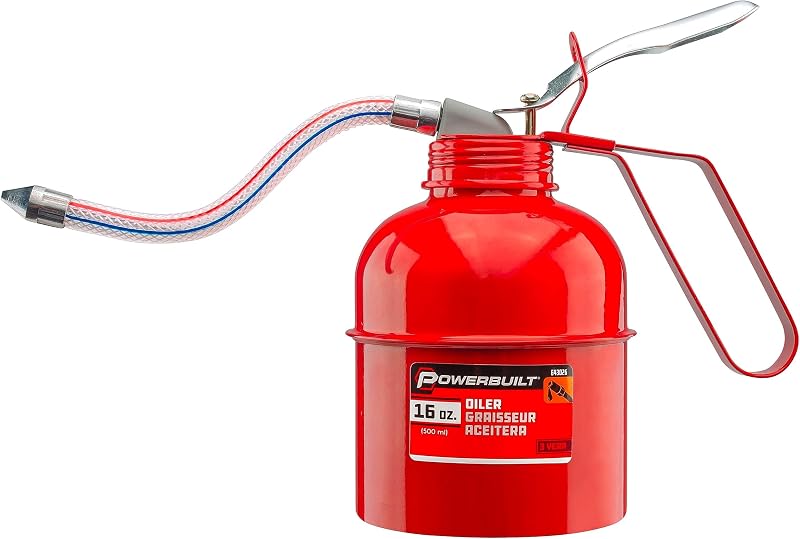 Powerbuilt Oil Lubrication Can 1 Pint Capacity, Thumb Lever Pump Handle, Flexible Hose Spout, Car, Machinery - Red 643026