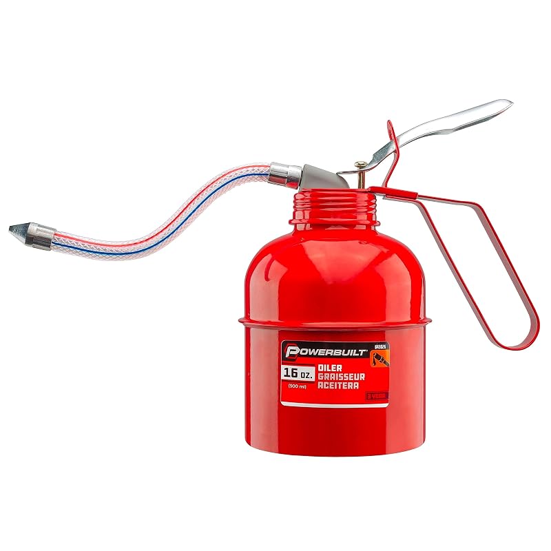 Bomba de óleo manual Powerbuilt com alavanca para polegar e bico flexível, capacidade de 473 mL, vermelha 643026