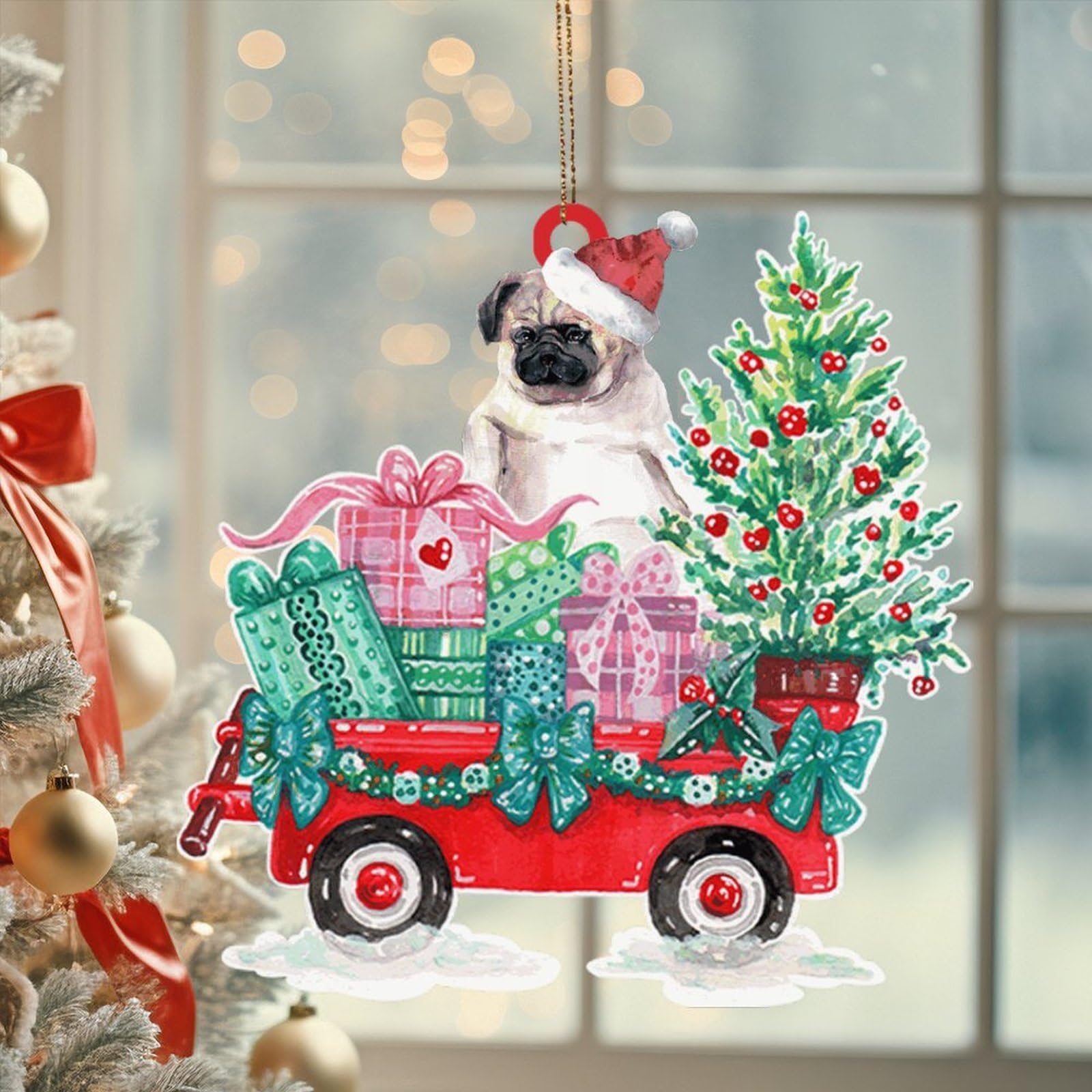 LMMIXEE Pug Personalized Christmas Ornament 2024 Santa Claus Dog Red Truck 2D Christmas Tree Decorations Acrylic Dog Ornament Novelty Keepsake Gifts for Wedding Holiday Pendants
