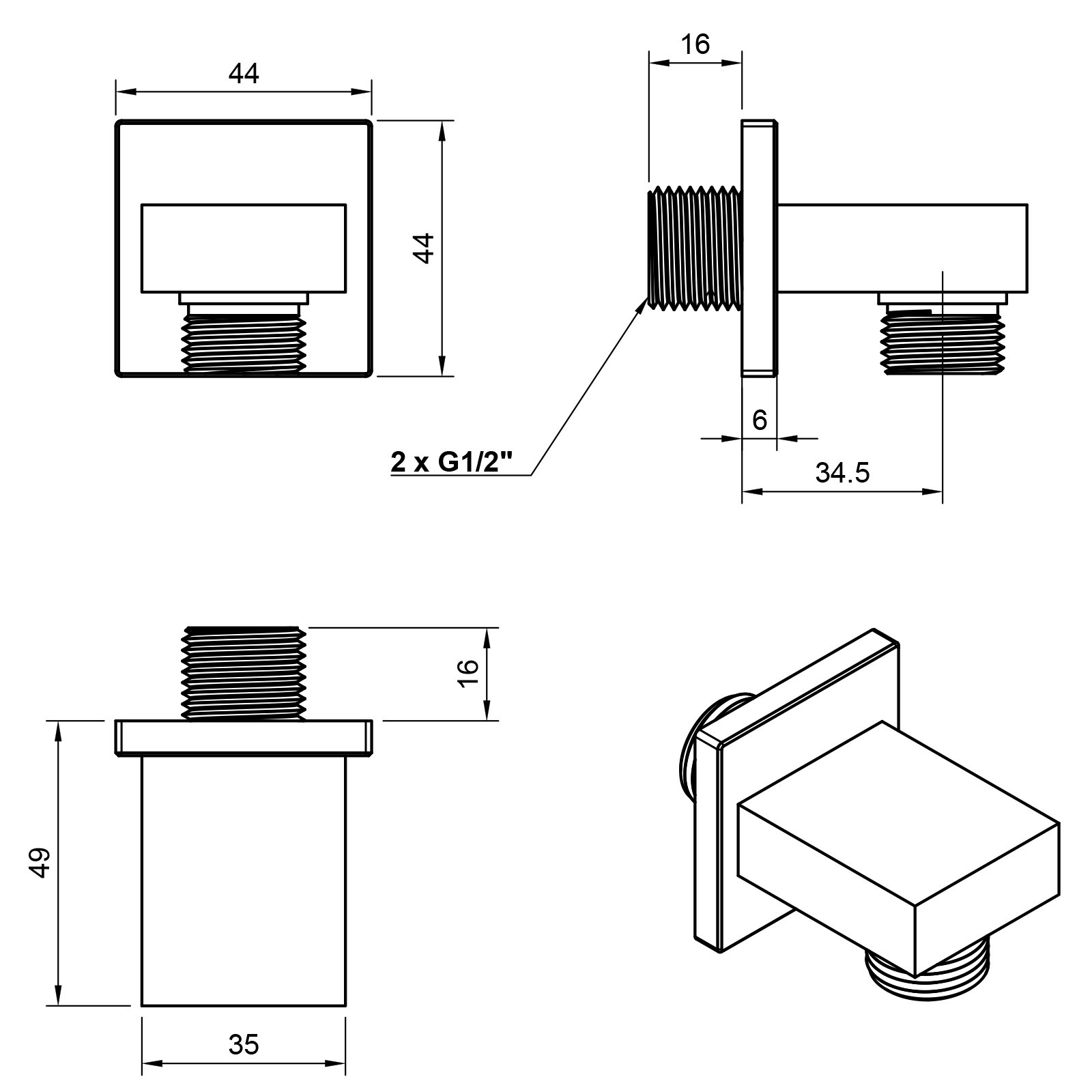 Conector de Pared para Manguera de Ducha, Latón Macizo Cromado, Rosca Exterior 1/2", Montaje en Pared, Diseño Rectangular Plano