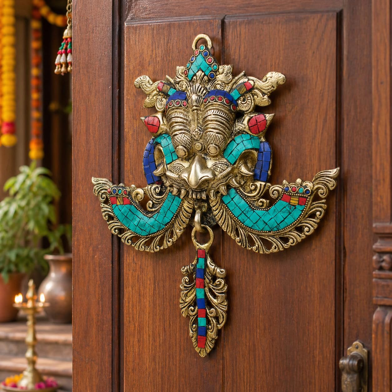 Kartique Brass Nazar Battu for Home Entrance Evil Eye Protector Door Knocker with Multicolor Stone Work, 11.5 Inch Height-image-42