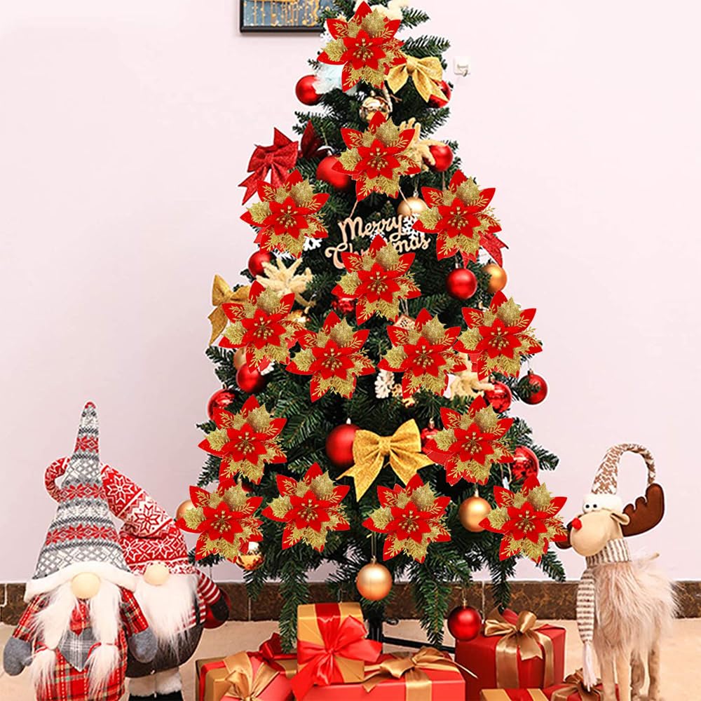 12 Fleurs De Noël Artificielles Clignotantes - Poinsettia 15cm, Avec Clips, Pour Décorer Sapin Et Guirlandes