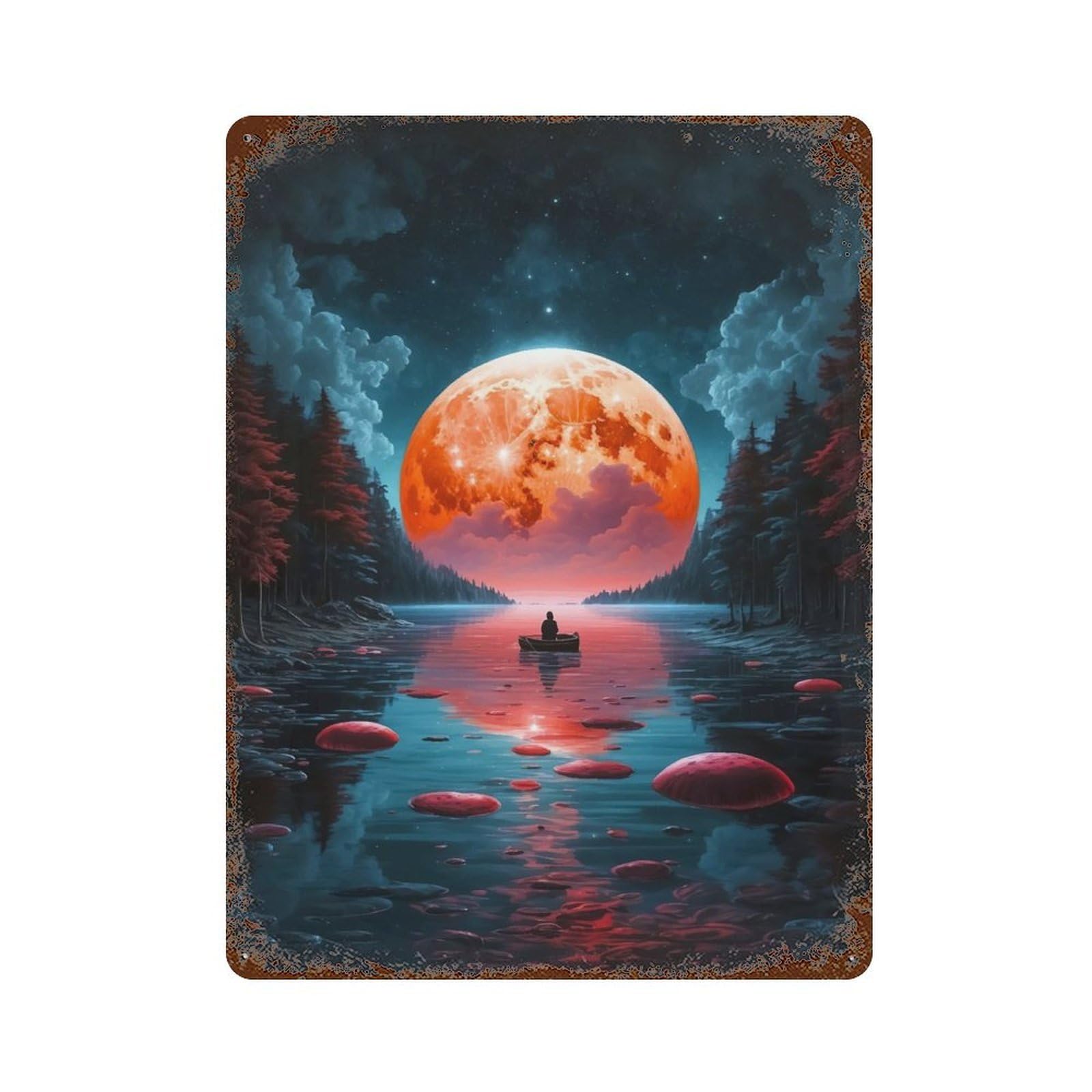 Garage Style Big Red Moon Distressed Metal Wall Sign 15.7"x11.8", Novelty Wall Decor for Bar And Workshop