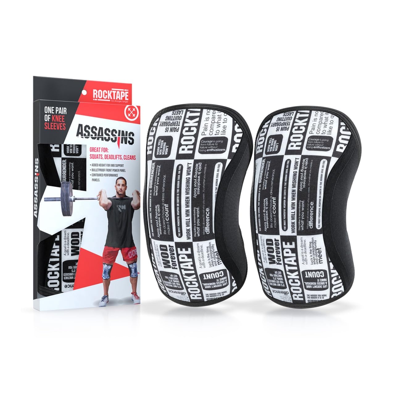 RockTape Assassins 5mm Knee Sleeves- Provides Compression, Warmth, and Lateral Stability,Durable Construction Made of Neoprene,Ideal for Deadlifts, Pistols, and Squats,Small,Manifesto