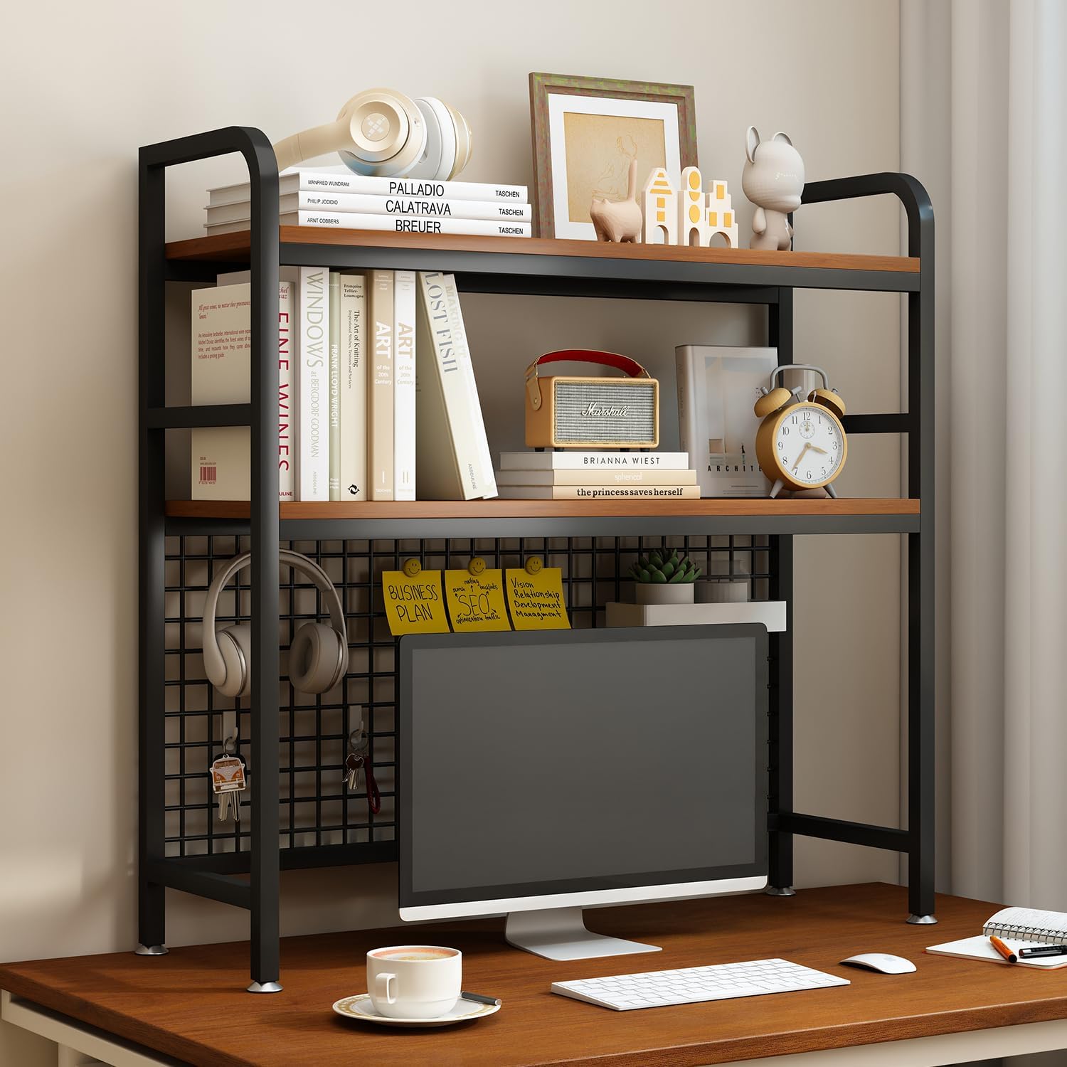 IOTXY 2-Tier Desktop Hutch Bookshelf - Metal Desk Shelf Bookcase with Grid Panel, Countertop Storage Organizer Rack for Dorm or Office, Black, 37.4" W 37.4"W Black