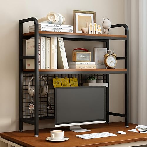 Miniatura 10 de IOTXY Estantería de escritorio de 2 niveles, estante de escritorio de metal con panel de rejilla, estante organizador de almacenamiento para Blanco