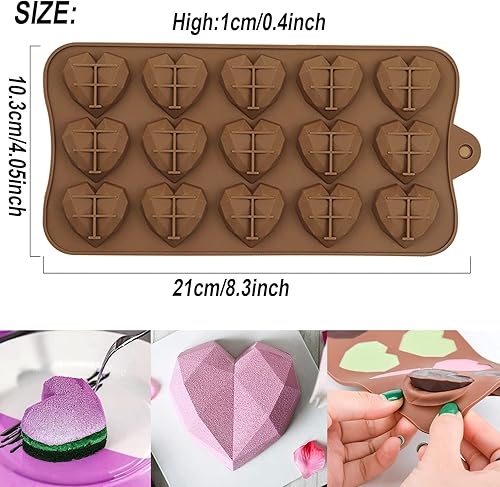 Miniatura 2 de Paquete de 2 moldes de chocolate con forma de corazón de diamante – Molde de pastel de mousse de corazón 3D de 15 agujeros – Mini molde de silicona