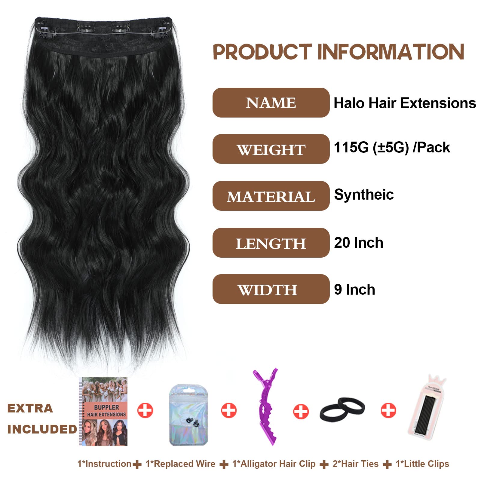 BUPPLER Halo Hair Extensions 20 Inch Invisible Wire Hair Extensions Adjustable Long Wavy Hairpiece Synthetic Upgrade 4 Secure Clips in Hairpieces 20 Inch,Jet Black - Image 2