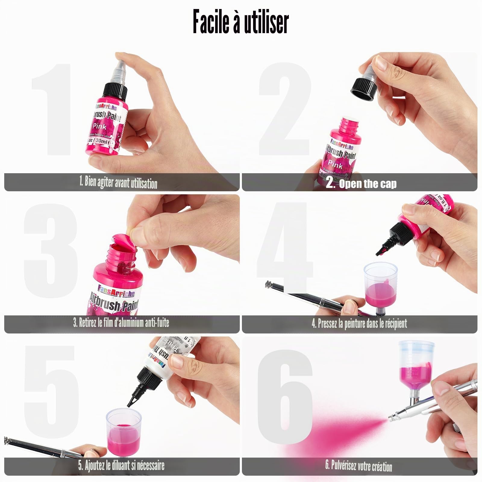 FansArriche Peinture Aérographe 48 Couleurs + 4 Diluants + 2 Primer, 30 ml