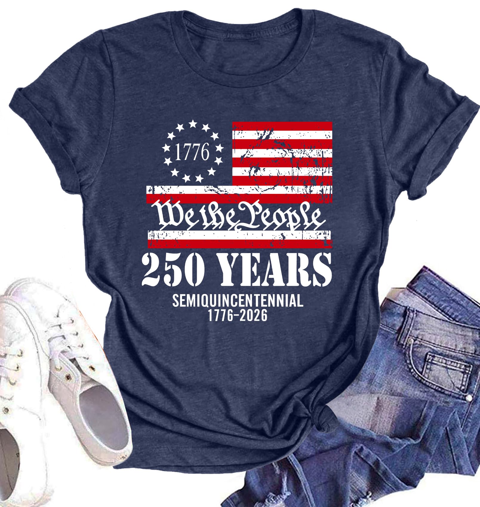 PODKREC 250 Anniversary USA Shirt Women 250th Anniversary USA Shirt Patriotic 250 Years American Flag Tshirt, Darkblue, S