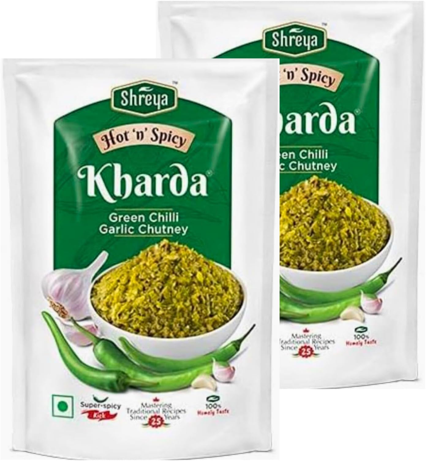 Shreya -Kharda-Hot and Spicy Green Chilli Garlic Chutney - 200 gm (Each Pack 100 gm - 2 Packets)